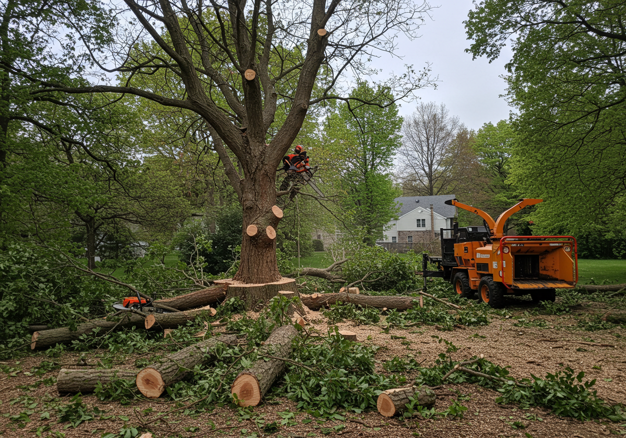 A person in safety gear is trimming branches from a large tree in a backyard with a chainsaw, while a wood chipper truck is nearby.
