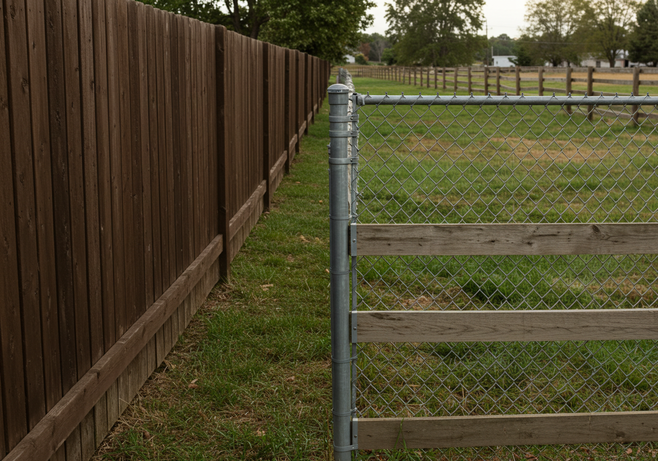 A chain-link gate in front of a wooden fence, opening to a grassy field with trees and a few structures in the distance, in an outdoor rural setting.