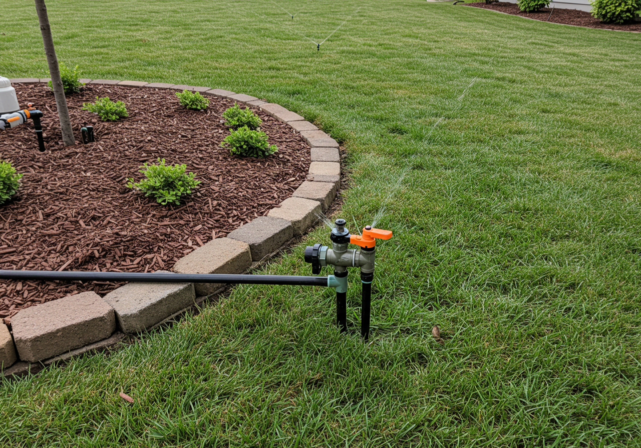 In-ground sprinkler system watering a landscaped garden bed with small green plants, surrounded by a lawn.