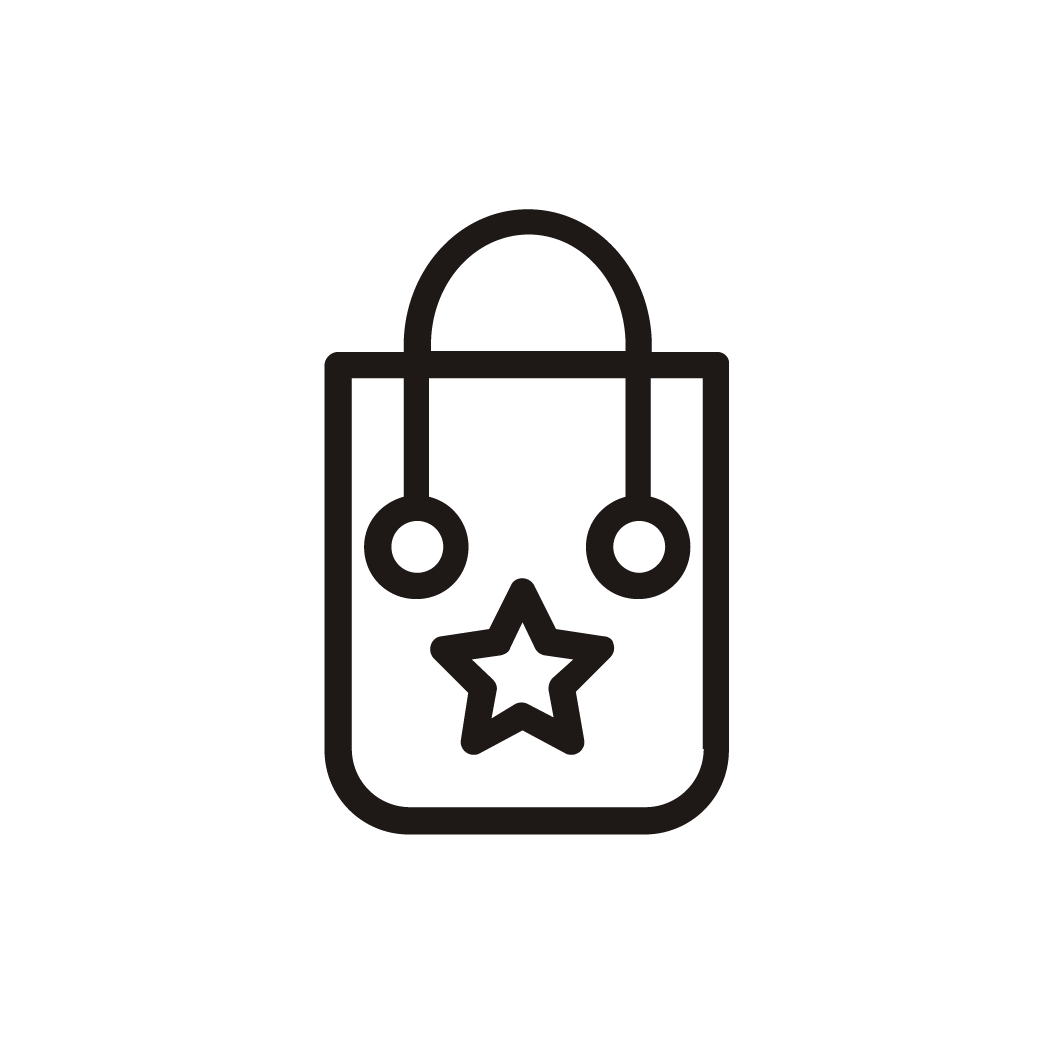 Ícono de una bolsa de mano con estrella y botones, estilo minimalista en línea negra.