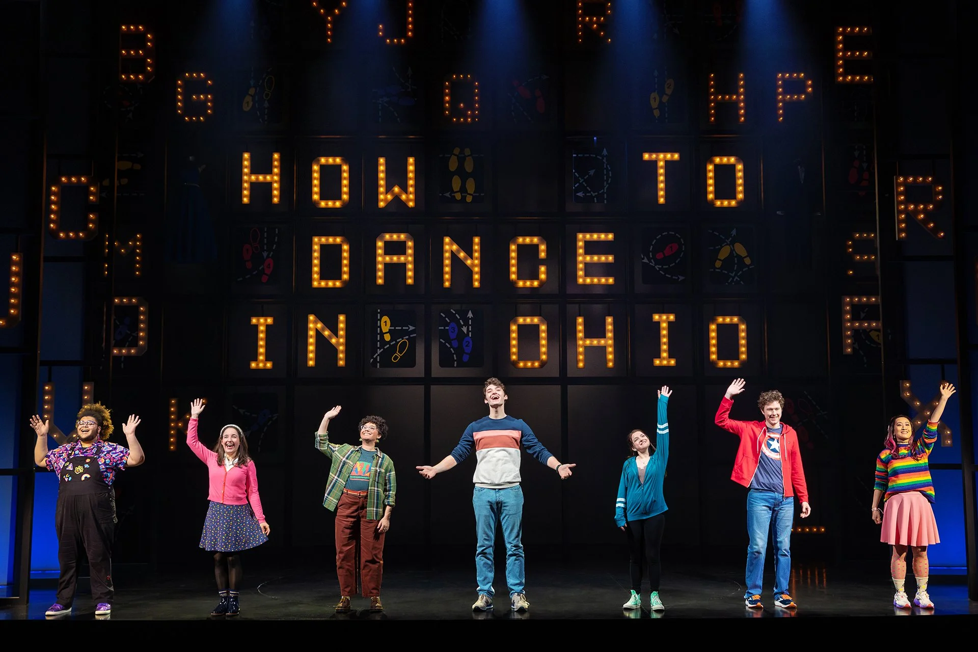 A group of seven young performers on stage with arms raised, in front of a large illuminated sign that reads 'HOW TO DANCE IN OHIO'.