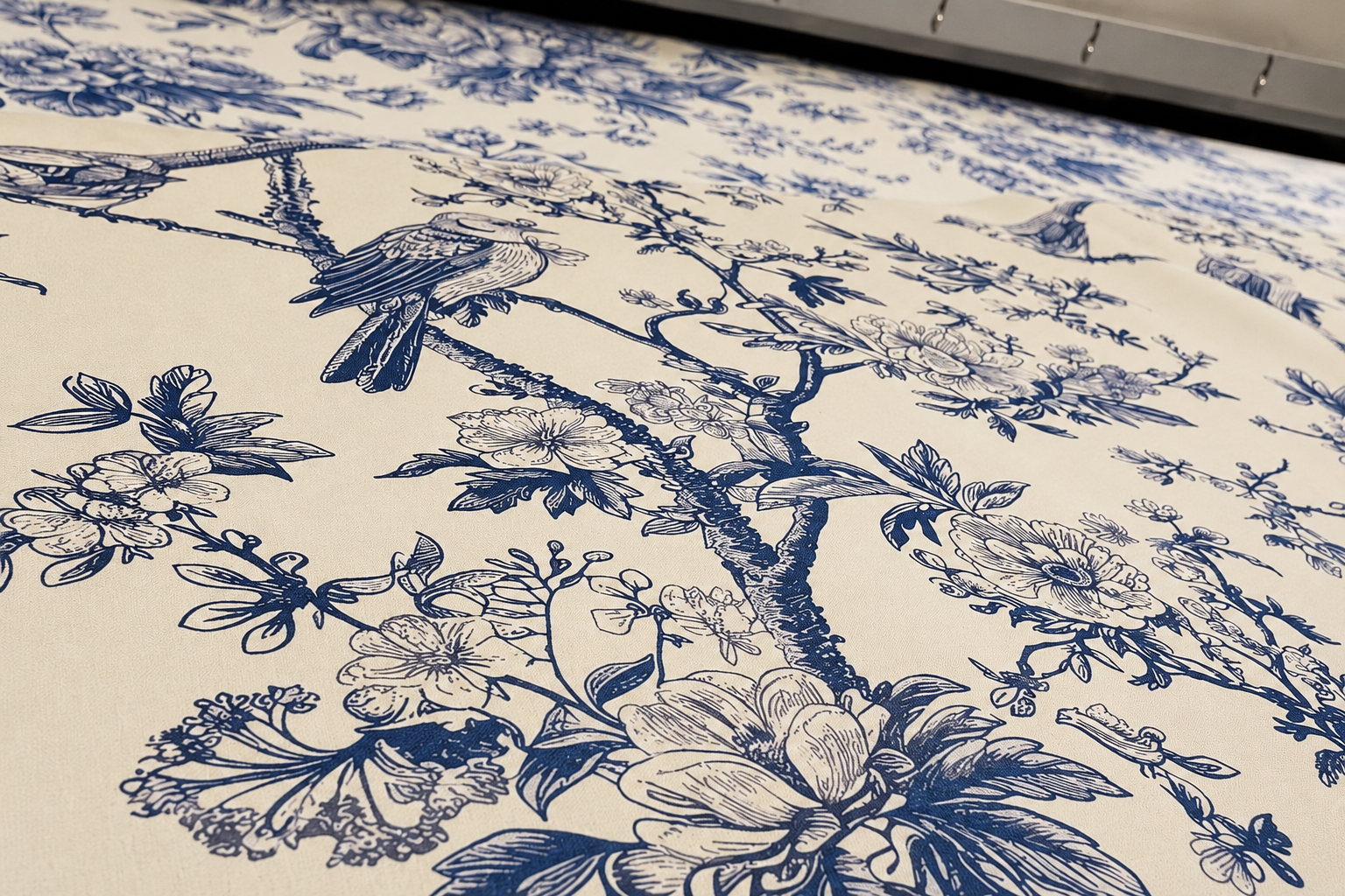 Tissu avec motif floral et d'oiseaux en teinture bleue