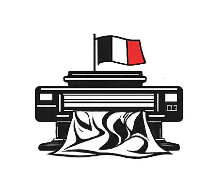 Une imprimante avec un drapeau français au sommet et du papier sortant.