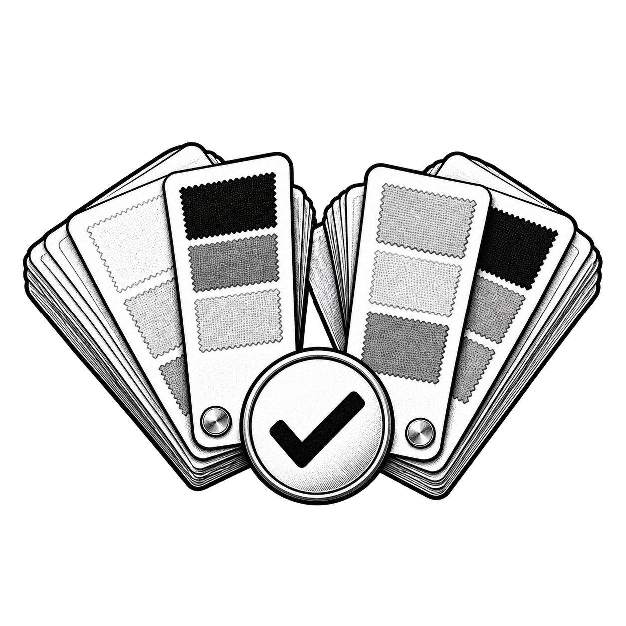 Échantillons de tissus en noir et blanc avec un symbole de vérification