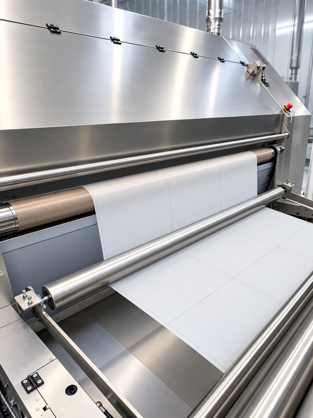 Une machine industrielle en acier inoxydable produisant de grandes feuilles de papier ou de carton dans une usine.