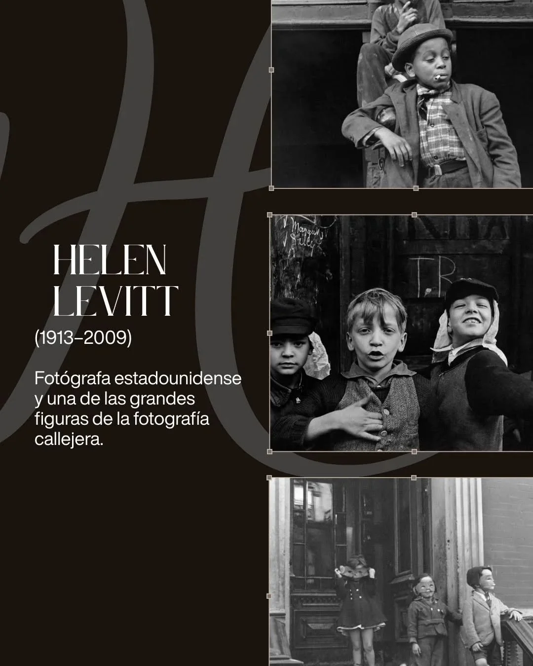 Os acercamos a la  fot&oacute;grafa Helen Levitt gran referente de fotograf&iacute;a de calle del siglo XX.
.
Aqu&iacute; solo ponemos una peque&ntilde;a parte de su obra pero os recomendamos encarecidamente que la investigu&eacute;is un poco m&aacut