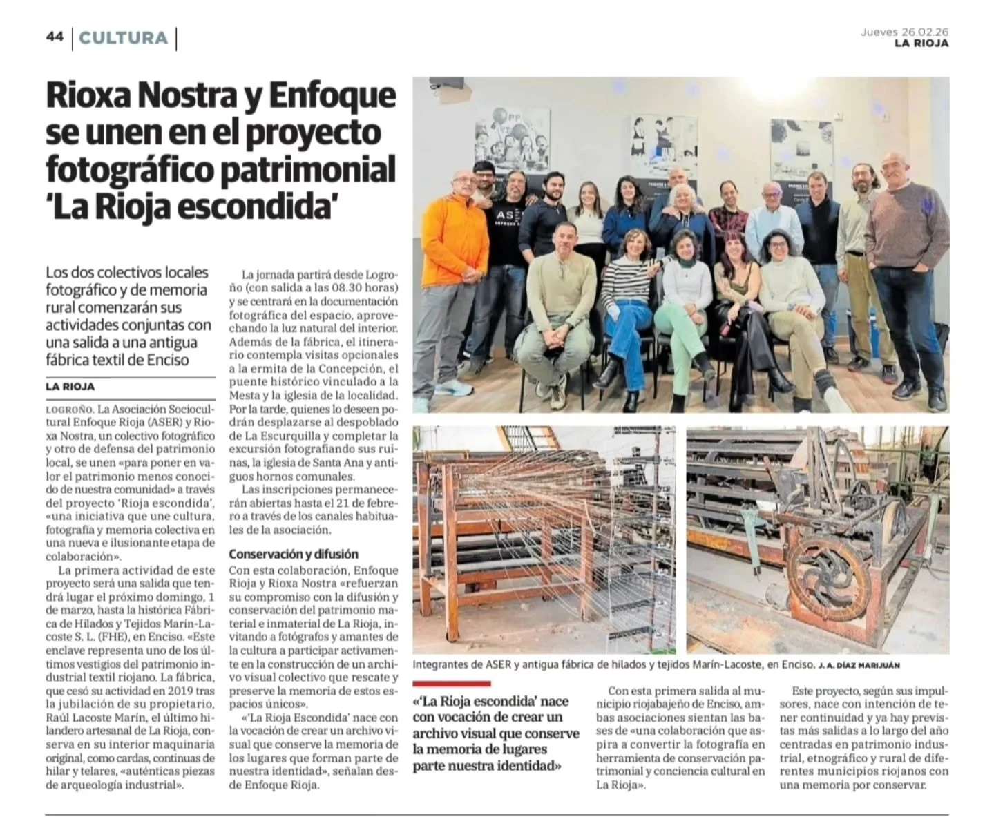 📸 Uni&oacute;n por el patrimonio riojano.

Nos hace mucha ilusi&oacute;n compartir la noticia: Rioxa Nostra y Enfoque Rioja (ASER) nos unimos en el proyecto fotogr&aacute;fico 'La Rioja escondida'. El objetivo es claro: rescatar y preservar la memor