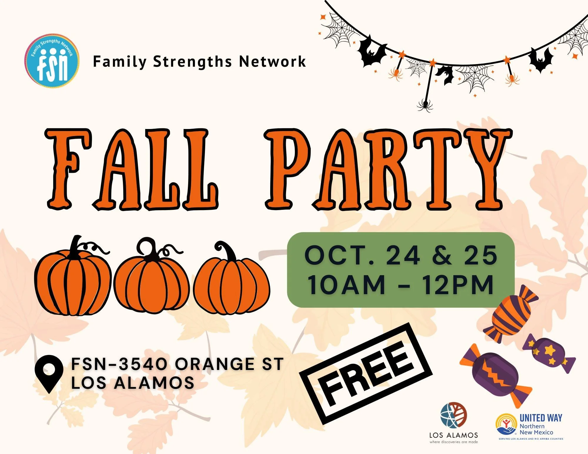 You and your littles are invited to the Family Strengths Network FALL PARTY!

When: Friday Oct. 24 and Saturday, Oct. 25 from 10 AM - 12 PM. Come to one or both!
Where: FSN (3540 Orange St)
Cost: Free!

Fall- and Halloween-themed activities, craft, g
