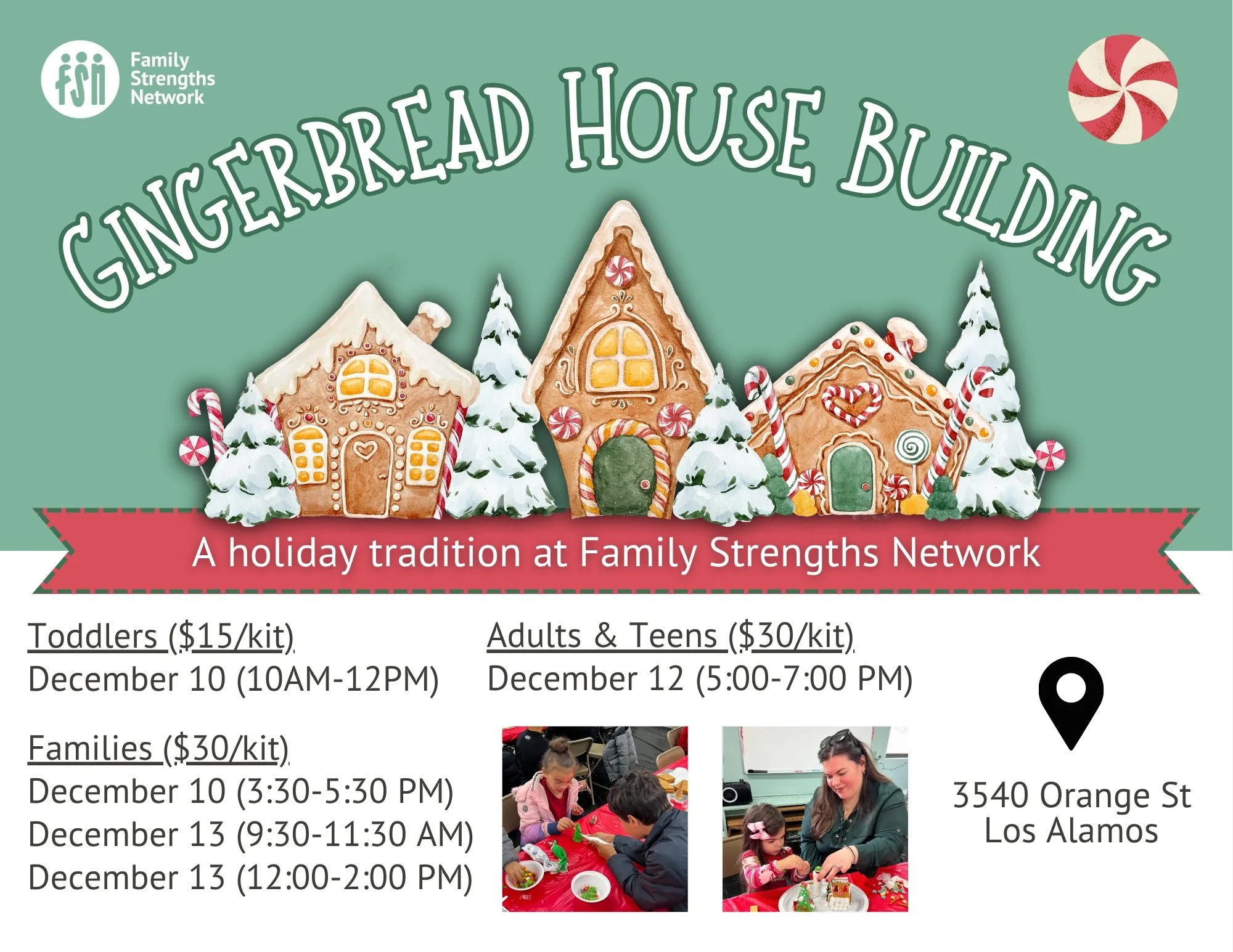 FSN's annual Gingerbread House Building event is now open for registration!
This holiday tradition is a favorite event among local families to welcome winter. We provide the kits and all the yummy decorations you need, you bring the creativity. Best 