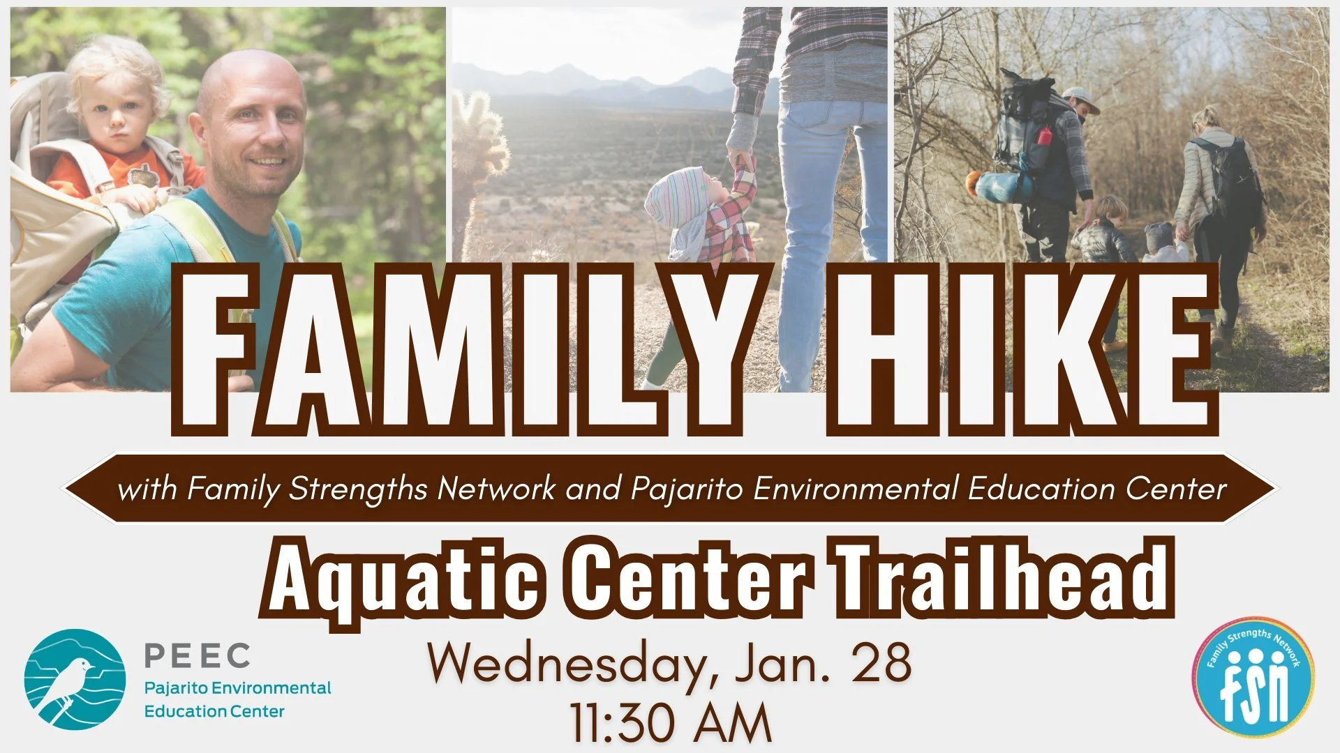 The first FSN/PEEC Family Hike of 2026 will be Wednesday, January 28!
Meet us at the Aquatic Center Trailhead (stroller friendly) at 11:30 AM for a little bit of nature and fresh air with family members big and small.
Bring warm layers, snacks, and w