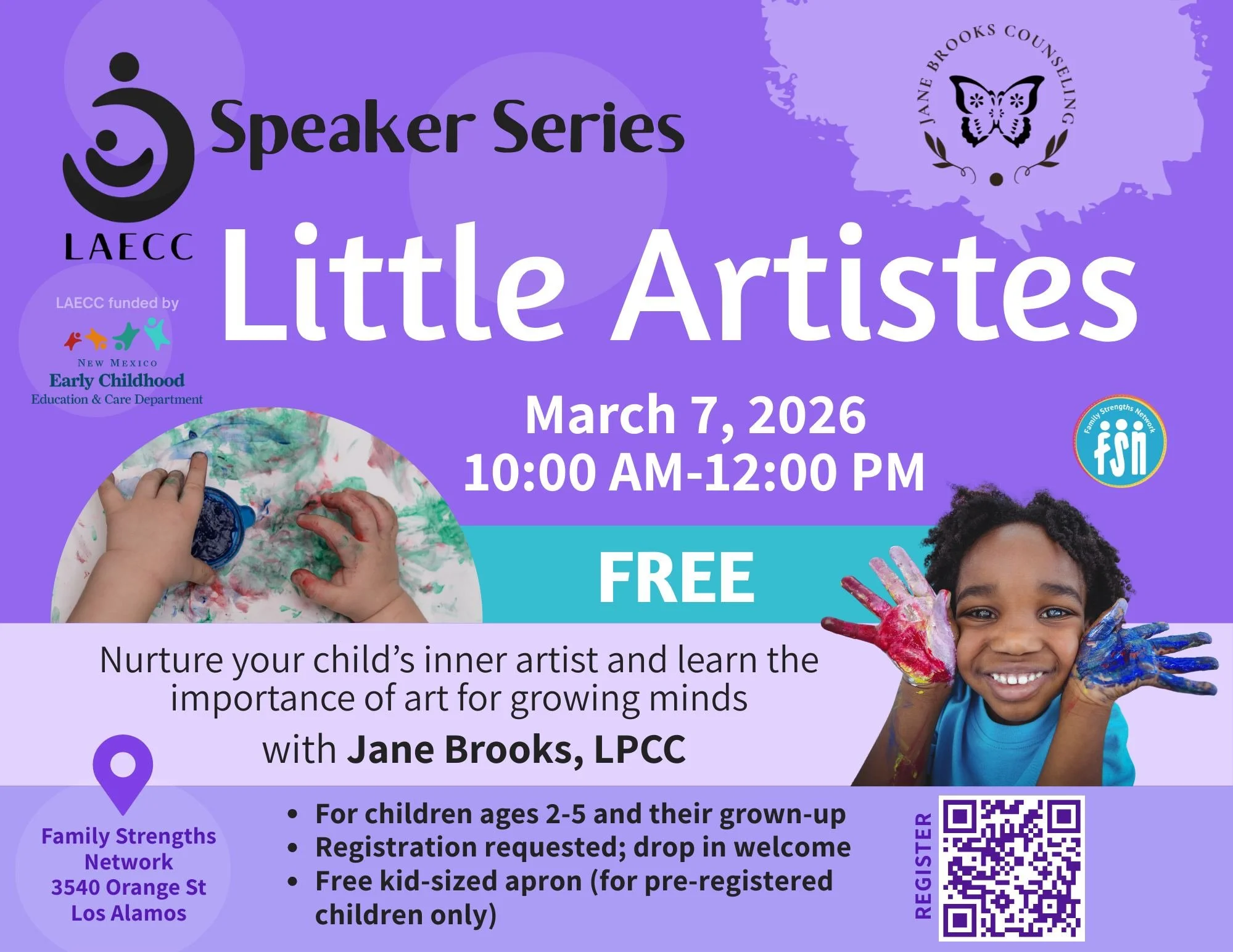 LAECC Speaker Series in March: Little Artistes

Join us for a fun, free art class for caregivers and young children, especially those 2-5 years old. Caregivers start with 30 minutes of relaxed coaching on child-led art, creativity, and why messes mat
