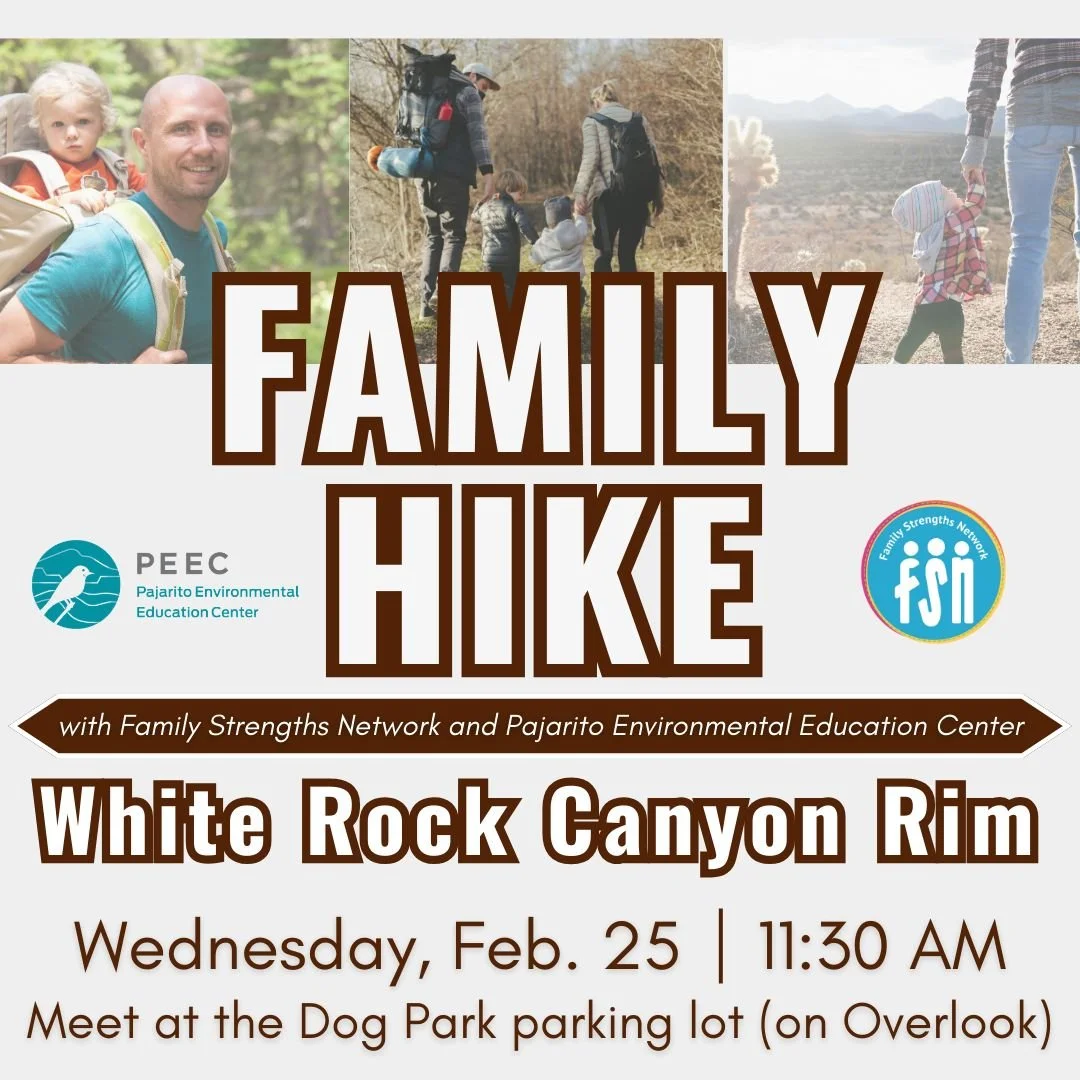 Our next Family Hike with @peecnature is this Wednesday! Meet at the Overlook Dog Park parking lot at 11:30 to hike the White Rock Canyon Rim trail with us. Bring water, snacks, sunscreen/hats, and layers as needed.