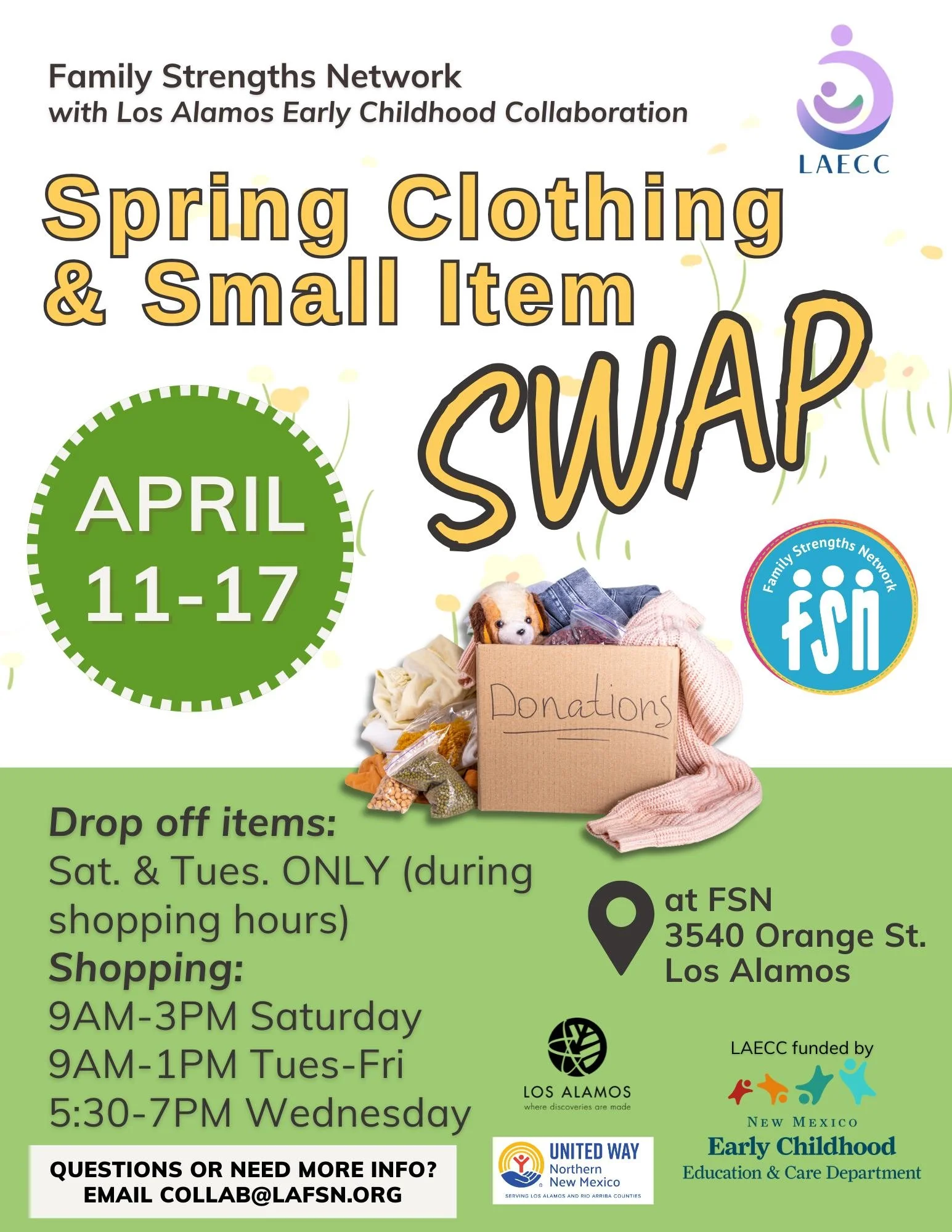 🌼Coming Soon🌼
One of FSN's most popular events, the Spring Clothing &amp; Small Item Swap will be April 11-17. We heard your feedback from previous Swaps and will start on a Saturday this spring!

FSN's biannual Swap is the perfect place to donate 