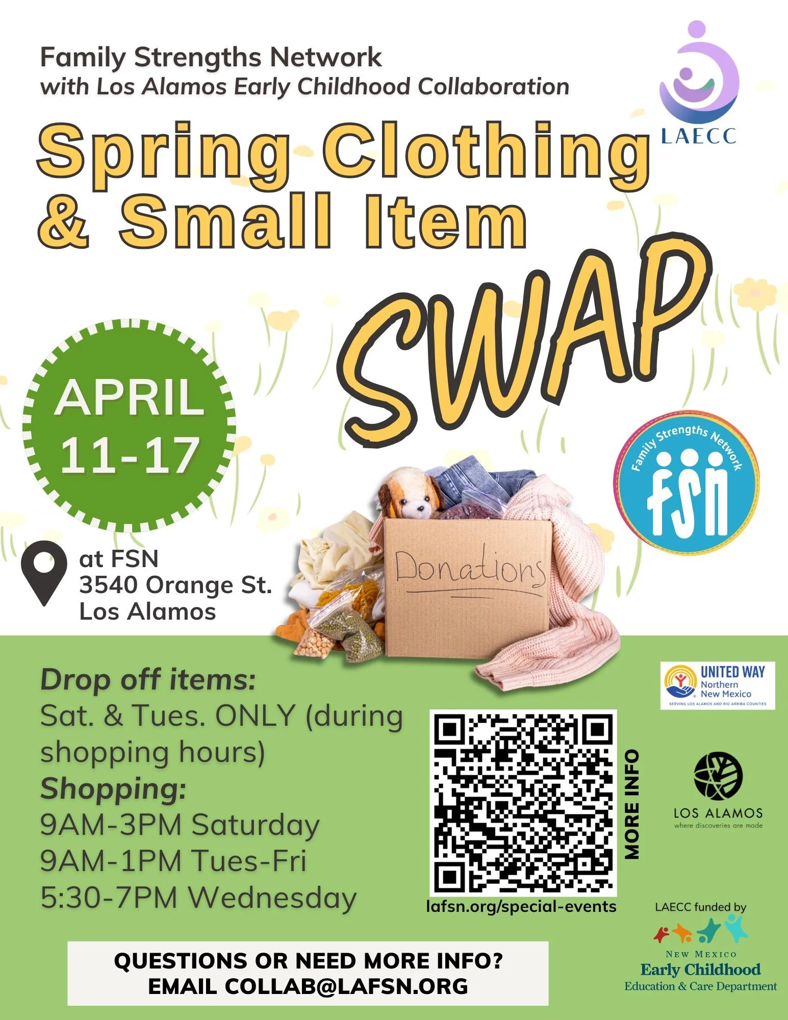 🌼 FSN's Spring Clothing &amp; Small Item Swap begins next week! 🌼 

We heard your feedback from previous Swaps and will start on a Saturday this spring!

The biannual FSN Swap is the perfect place to donate the products of your spring cleaning and 