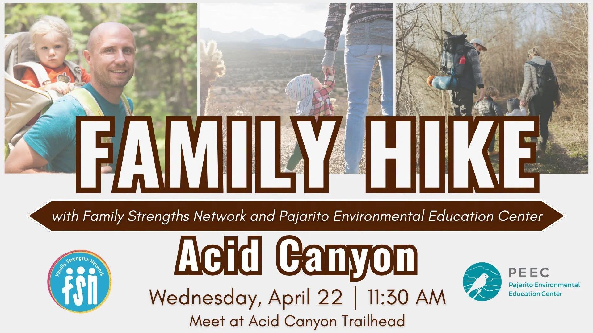 The FSN/PEEC Family Hike this Wednesday, April 22 will be the Acid Canyon Trail.
Meet at the Acid Canyon Trailhead (Aquatic Center) at 11:30 AM. 
Be prepared with snacks, water, sunscreen, hats and layers as needed. Hope to see you there!