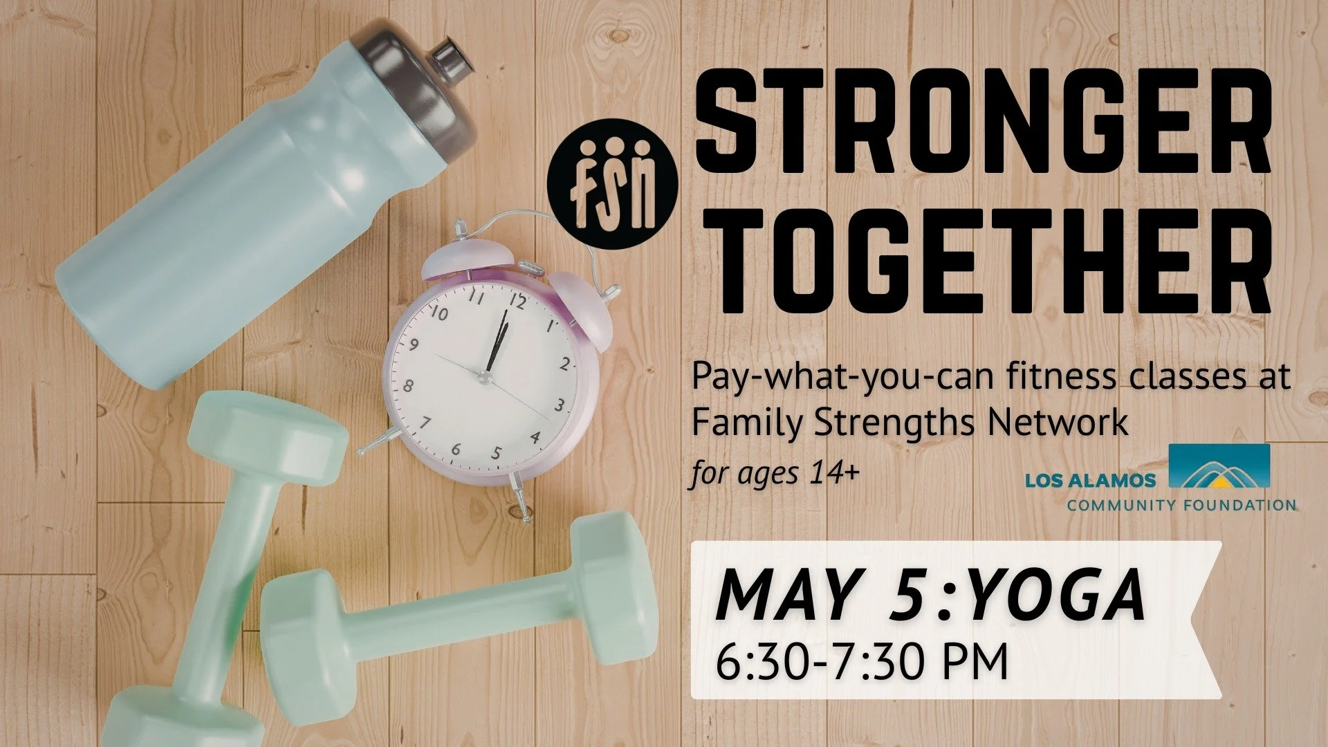 Our very first pay-what-you-can fitness class will take place Tuesday, May 5 at 6:30 PM.
Stronger Together classes are for ages 14 and up and for all bodies and abilities. The first class will be yoga, led by our very own Jen!
You can pay in advance 