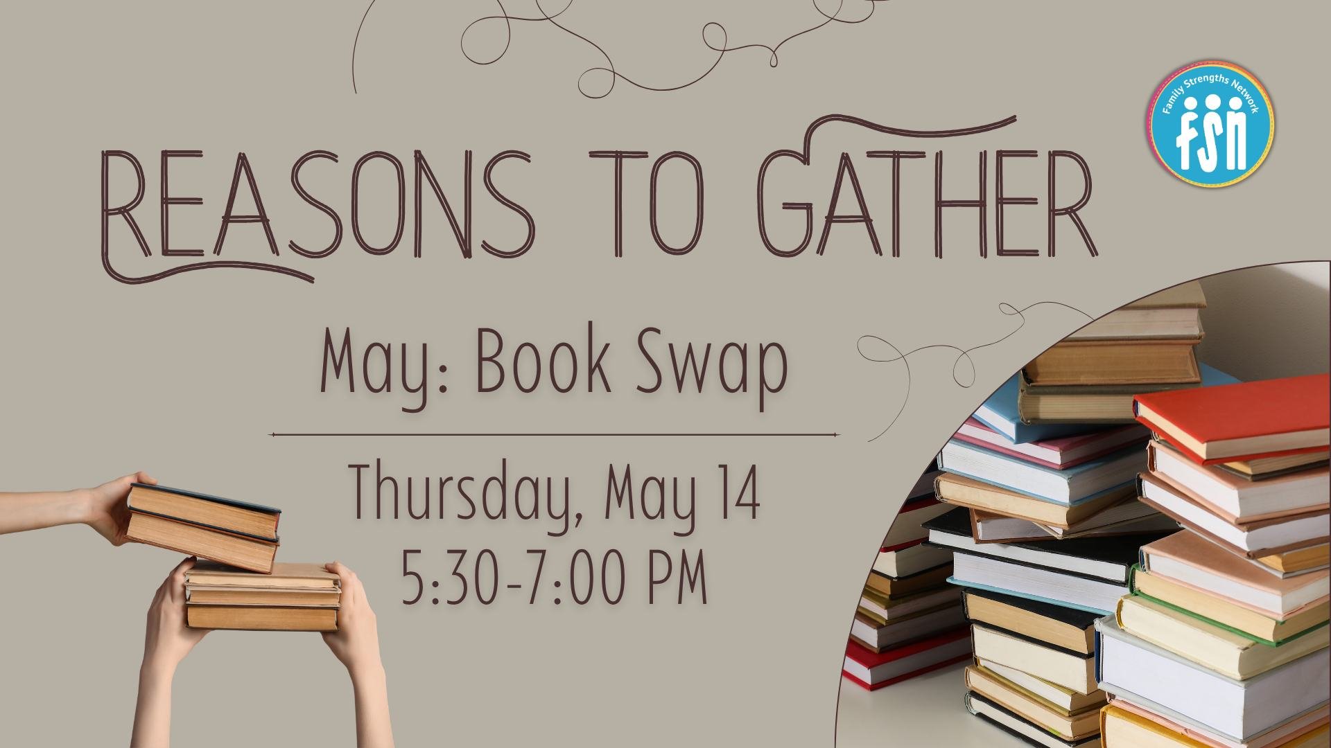 Start building your summer reading stash tomorrow at May's Reasons to Gather!
Do you have some books that you want to find a new home for? Need an excuse to do some low pressure mingling among other bookish individuals? Find a new book to love and di