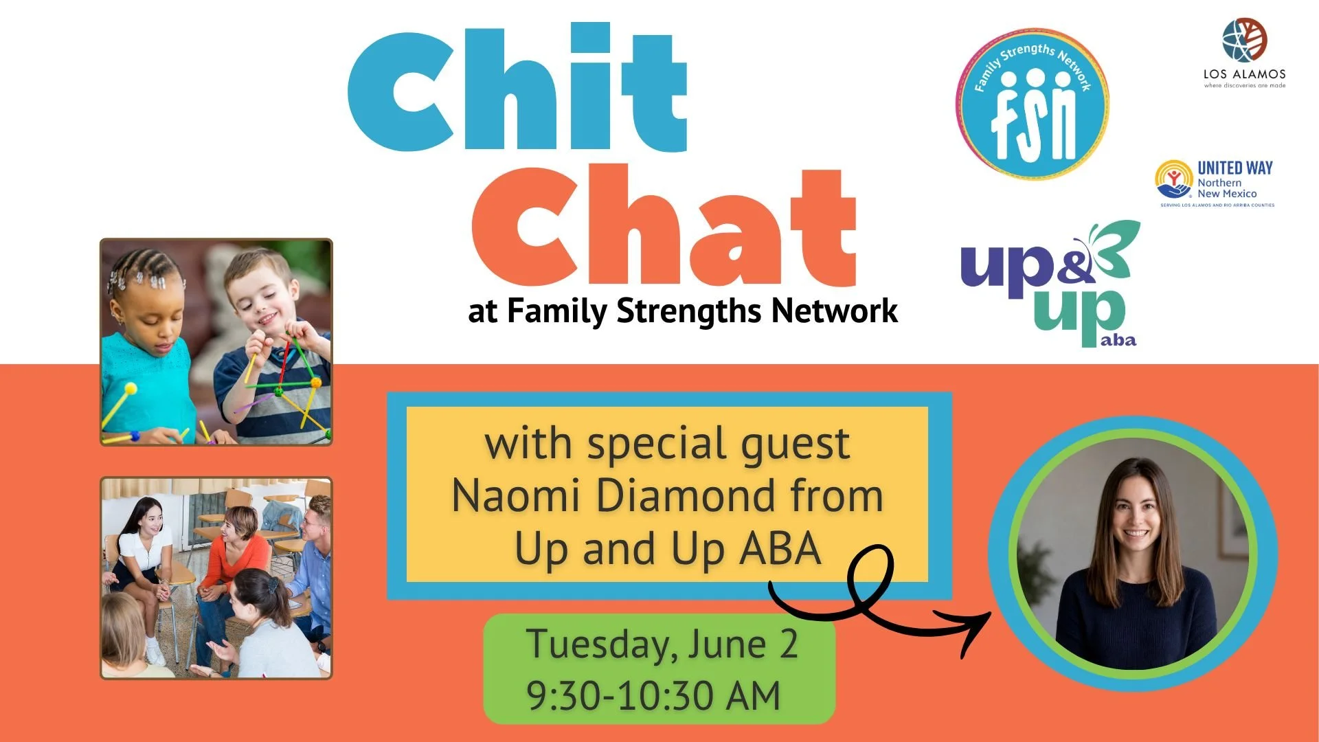 For our first Chit Chat in June, we will welcome special guest Naomi Diamond from Up and Up ABA.
She specializes in kids with ASD but can answer all kinds of questions, from feeding to toileting to behavior.

For more information about Up and Up, vis