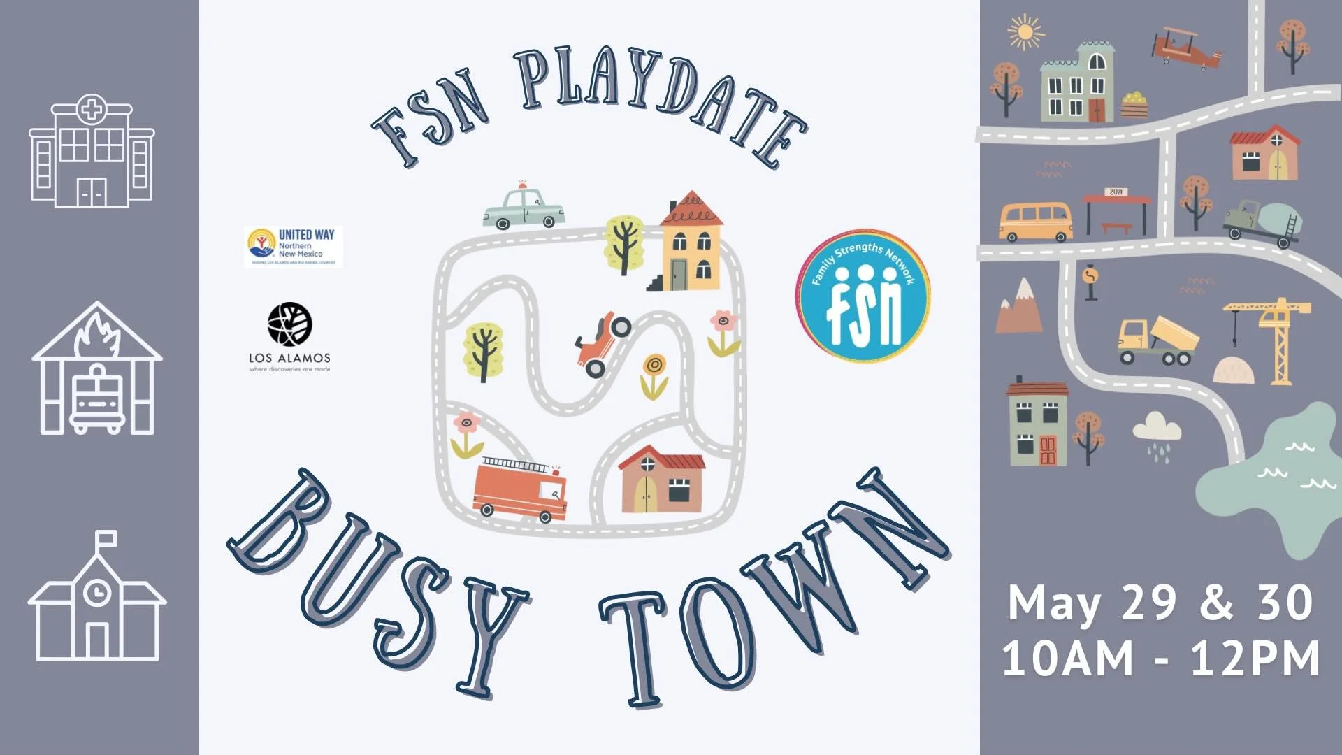 Join us for our Monthly Play date tomorrow and/or Saturday, May 29 and 30.
The theme is &ldquo;Busy Town&rdquo; - the people and places that make our community awesome!
Come for themed fine motor, gross motor, sensory, and peer play, plus a craft and
