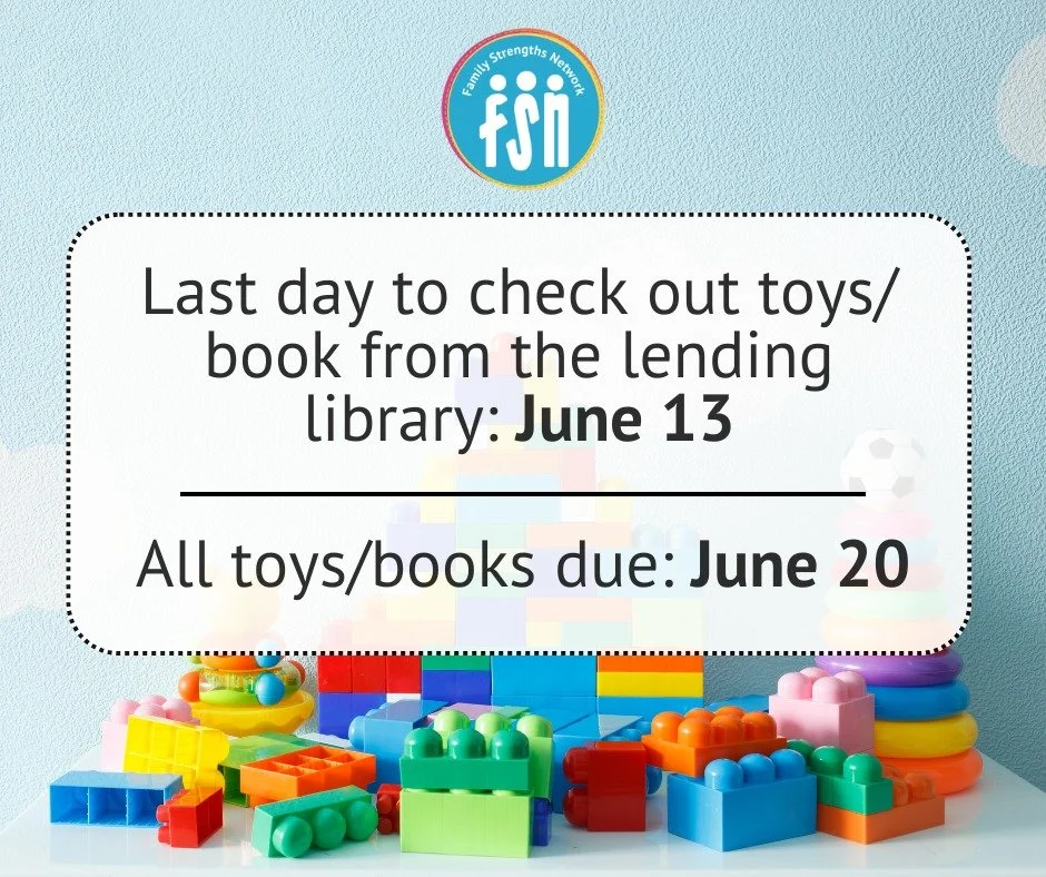 Every year, we close for the month of July for a few reasons, one being inventory!
The last day you can check out items from our Toy Lending Library this summer is June 13, and all toys/books will need to be returned by June 20 so we can thoroughly i