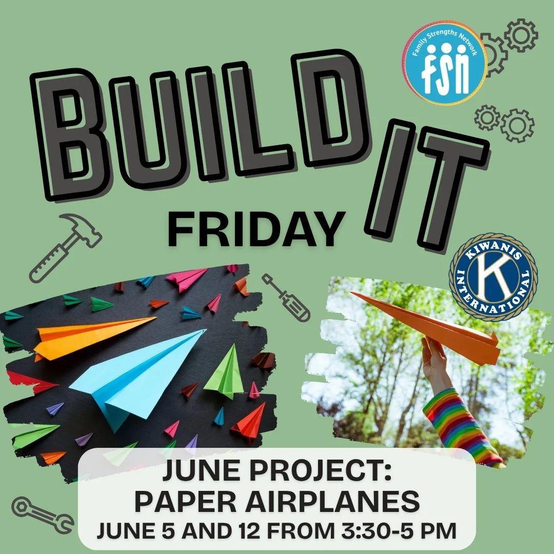 Round 2 of paper-airplane building is tomorrow, June 12 from 3:30-5:00 at FSN (3540 Orange St). Bring a friend, the whole family, or a neighbor and let your imagination take off!