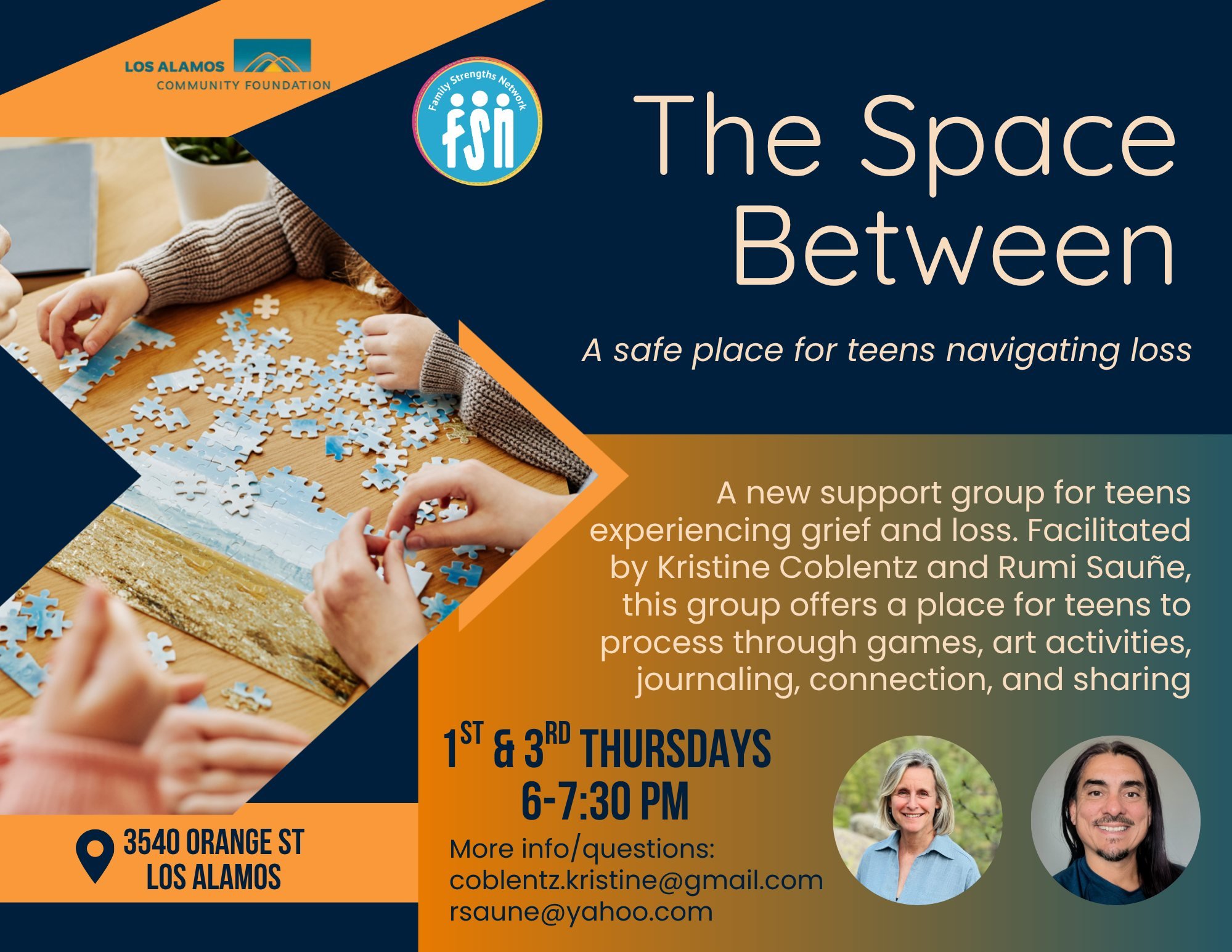 We are honored to now offer a support group for teens experiencing grief and loss. @losalamoscommunityfoundation is funding this group, recognizing the significant need for it in our community.
It will meet 1st and 3rd Thursdays of the month from 6-7