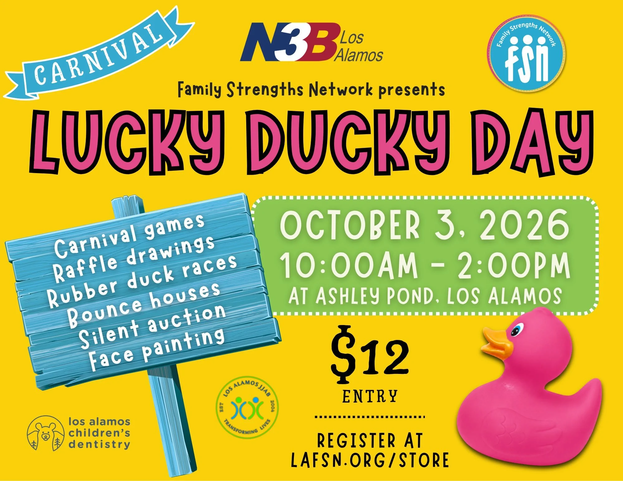 Mark your calendar for the Lucky Ducky Day carnival, Family Strengths Network's biggest annual fundraising event!

Date: October 3, 2026
Time: 10:00 AM-2:00 PM
Where: Ashley Pond, Los Alamos, NM

*Duck-themed carnival games (win prizes!)
*Rubber duck