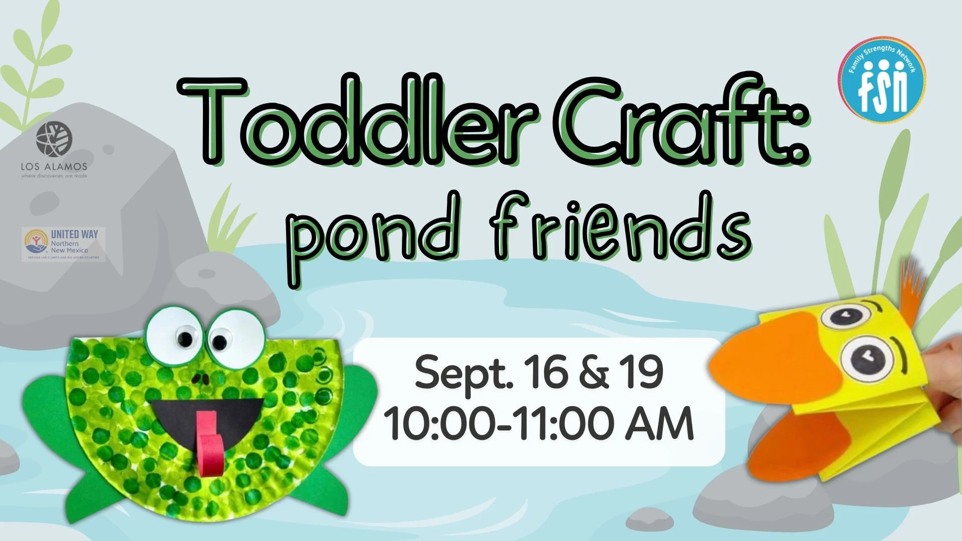 Bring your kiddos to make splishy-splashy friends at Toddler Craft this week!
September 16 and 19 from 10-11 AM.
At FSN - 2540 Orange St.