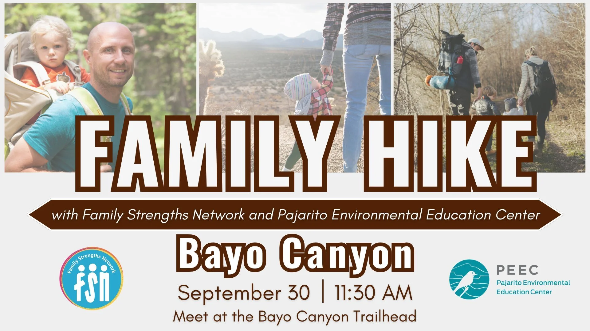 This FSN/PEEC Family Hike for September is Bayo Canyon.
On September 30, meet us at the Bayo Canyon trailhead at 11:30. The trailhead is about 100 feet from the San Ildefonso roundabout on the left. There is parking for about six vehicles.

Bring clo