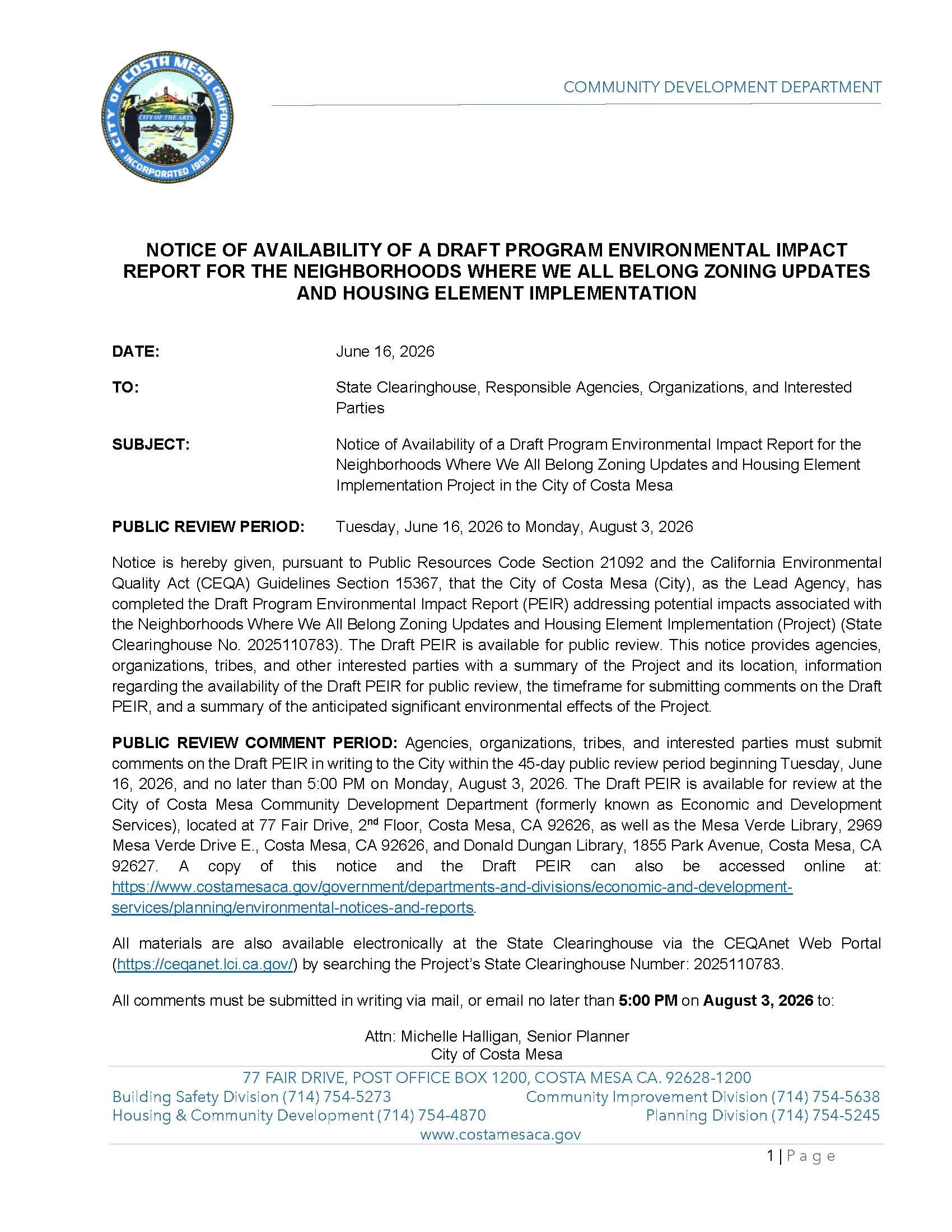 Draft Program Environmental Impact Report Public Review Period Now Open
