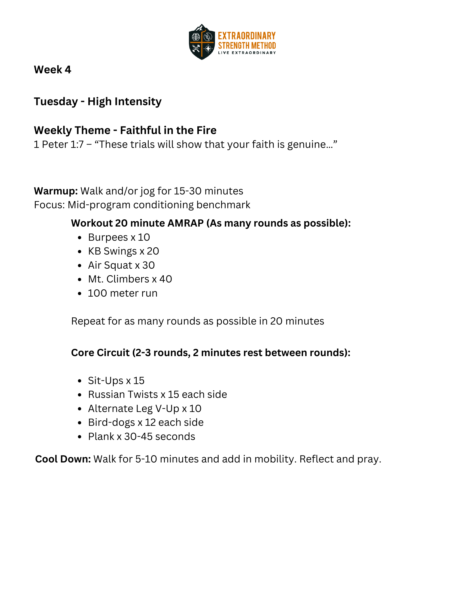 Forged in the Fire sample page: Week 4 High Intensity workout