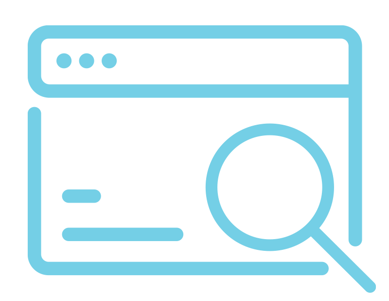 Icon of a web browser window with a magnifying glass.