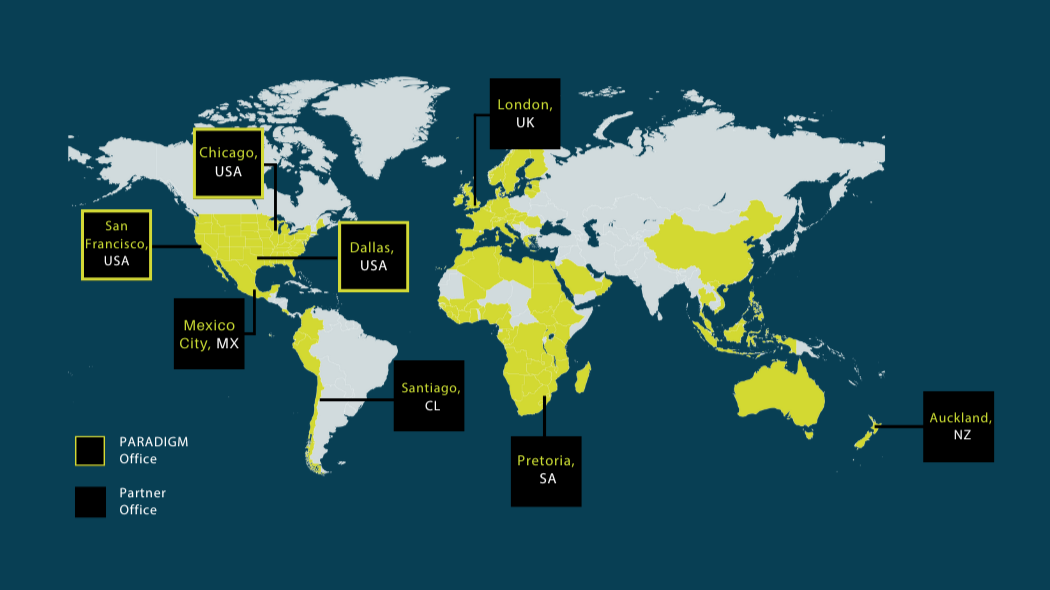 World map highlighting office locations of PARADIGM and partner offices, including Chicago, San Francisco, Mexico City, Santiago, Pretoria, Auckland, London, and Dallas.