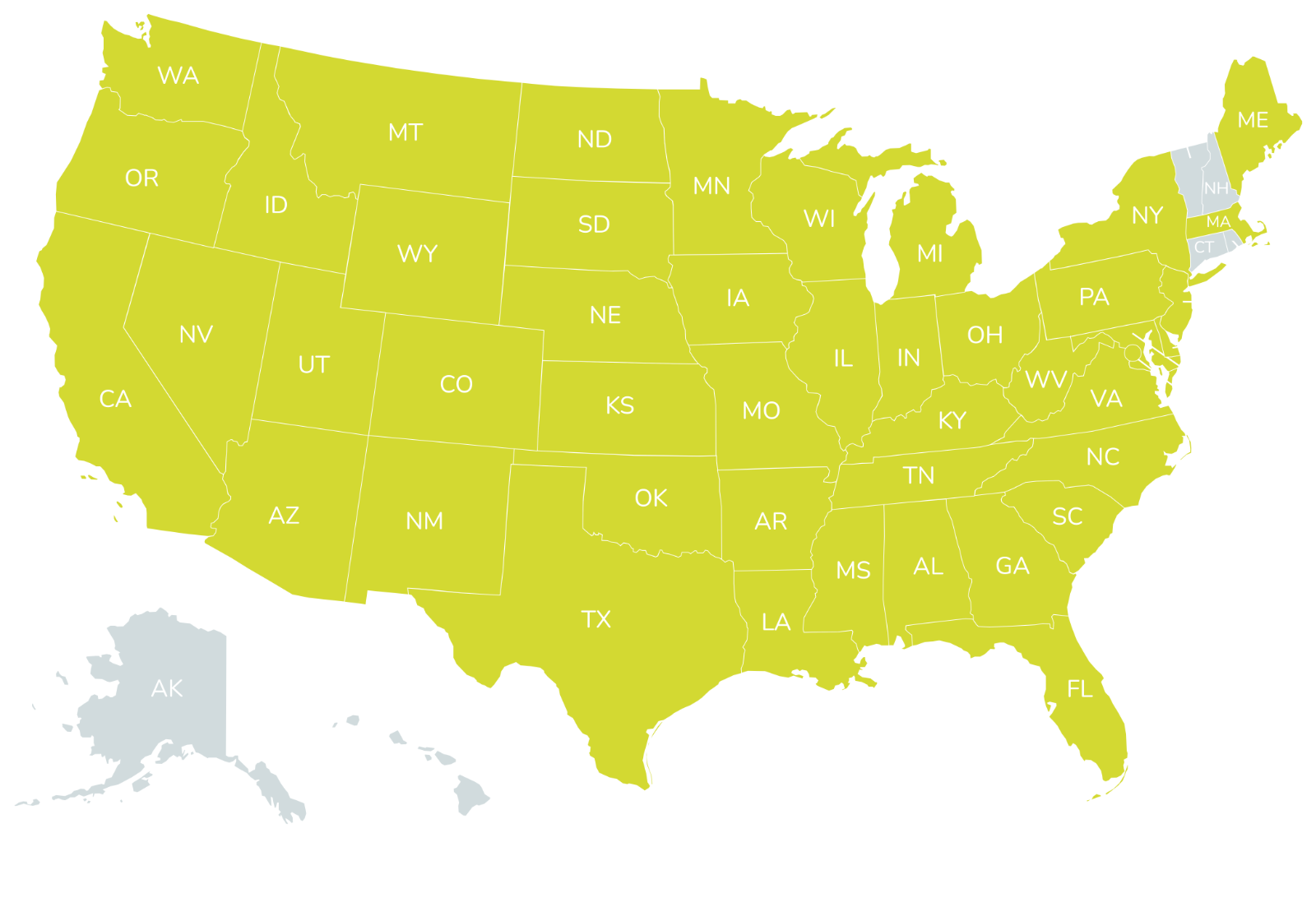 Map of the United States with states highlighted in yellow and some in light gray, showing geographic regions.