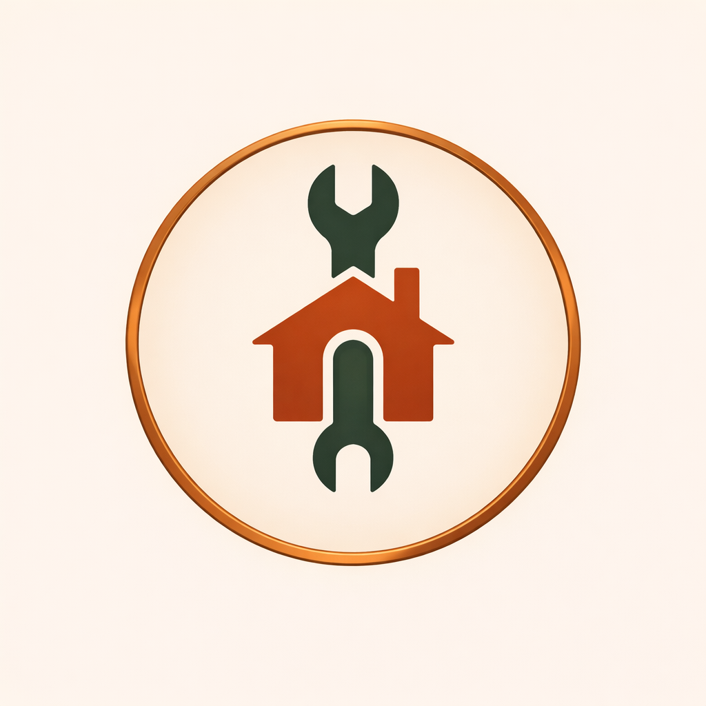 A logo with a house icon and crossed wrench and screwdriver symbols, enclosed in a circular border.
