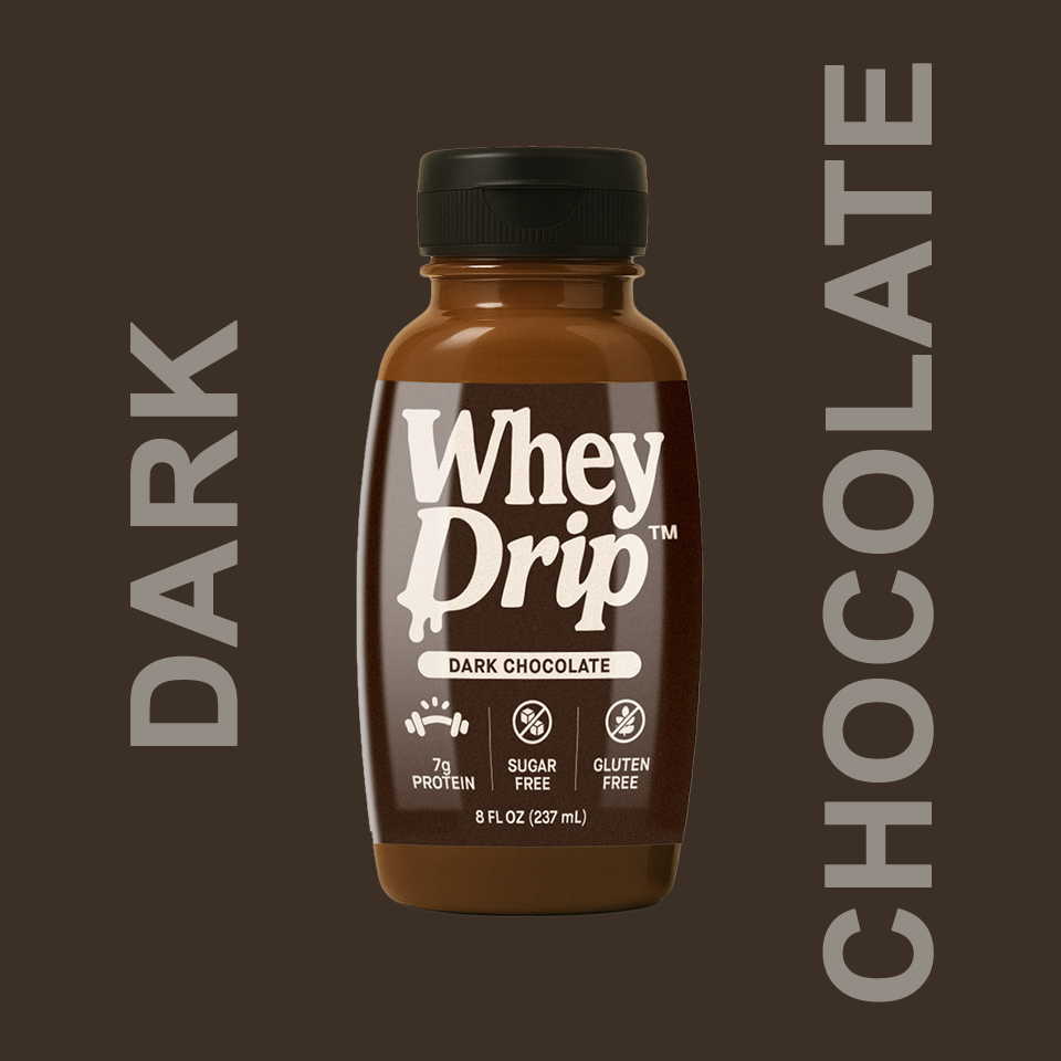 Bottle of Whey Drip dark chocolate protein drink with label indicating 7g protein, sugar free, gluten free, 8 fl oz.