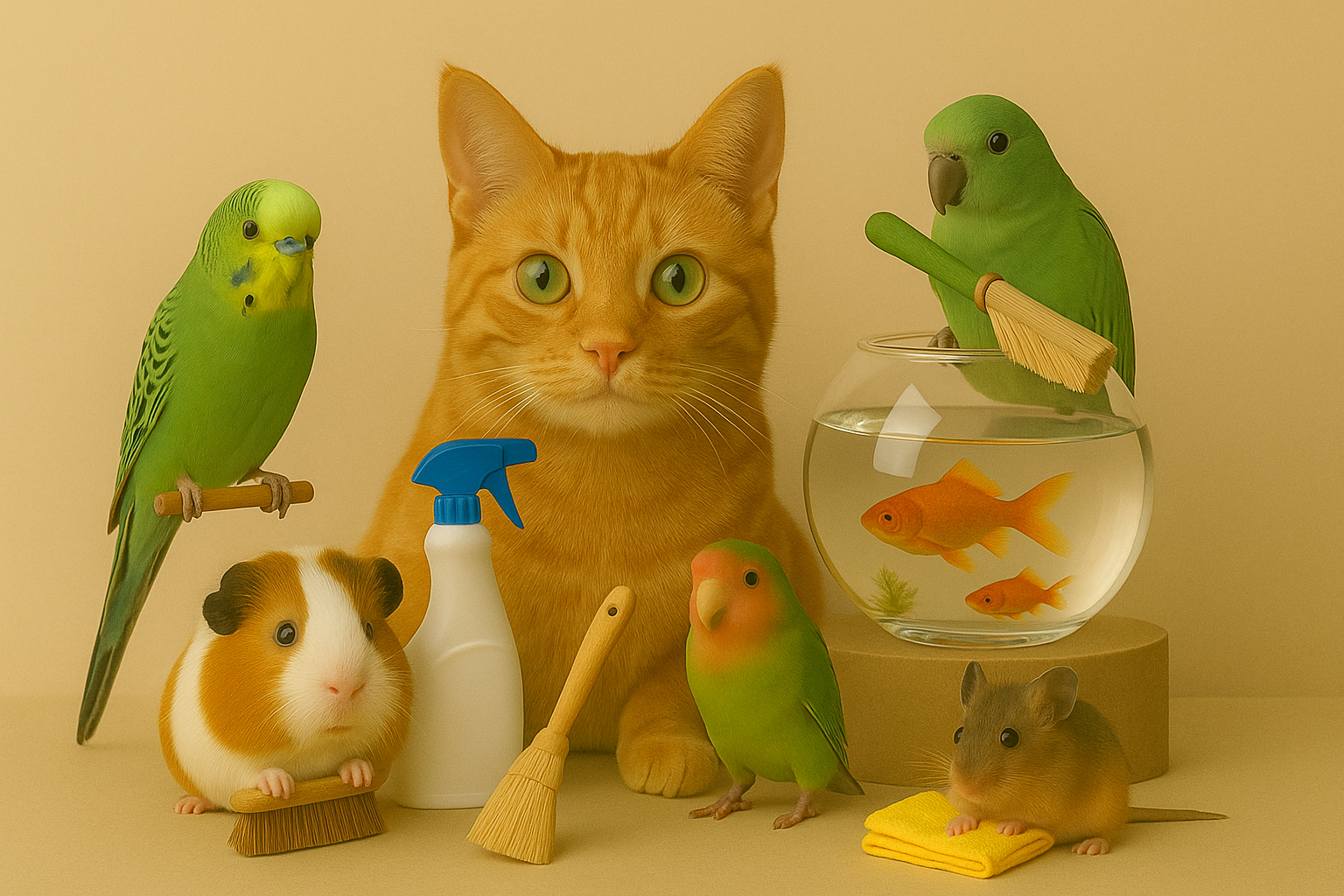 Ein orangefarbener Kater umgeben von zwei Hamstern, drei Wellensittichen, einem Fischglas mit zwei Goldfischen, einer Sprühflasche, einem kleinen Besen, einem Papierschwamm, einem Staubwedel und einem kleinen Handtuch.