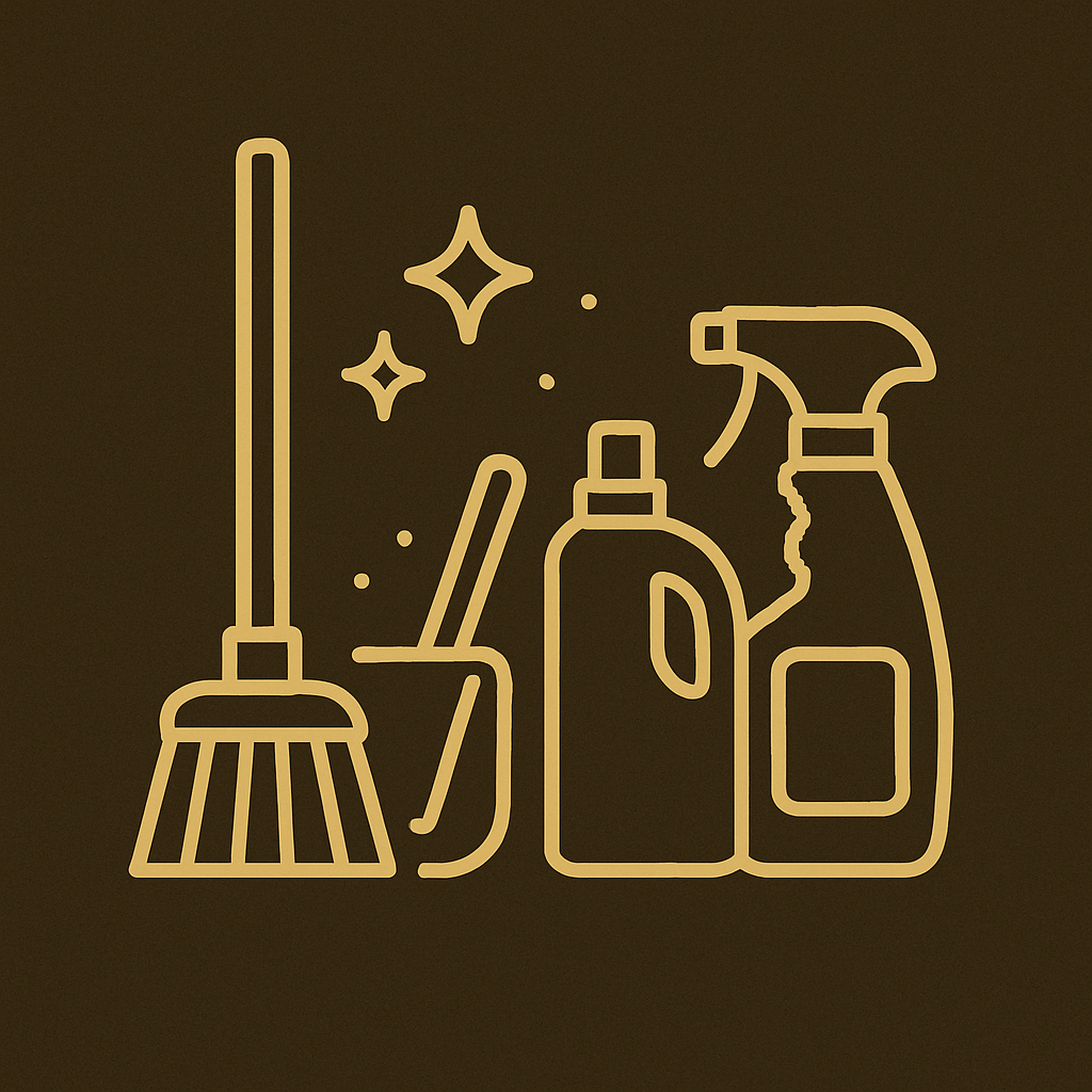 Illustration von Reinigungsutensilien, inklusive Wischmopp, Eimer, Reinigungsflasche und Sprayflasche auf braunem Hintergrund.