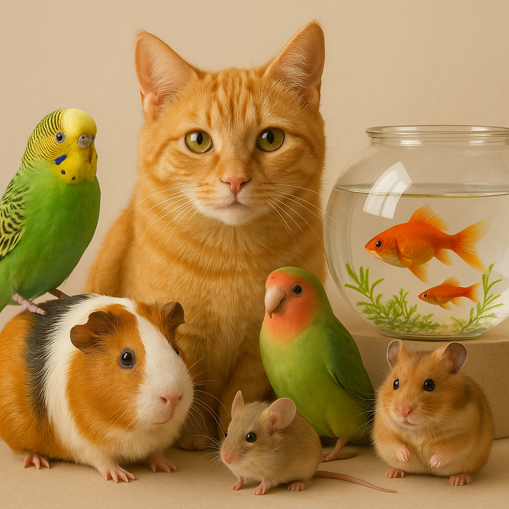 Ein Orange getigerte Katze umgeben von verschiedenen Haustieren, darunter ein Wellensittich, ein Goldfisch im Glas, ein Meerschweinchen, eine Maus, eine Wüstenrennmaus und ein grüner Fink.