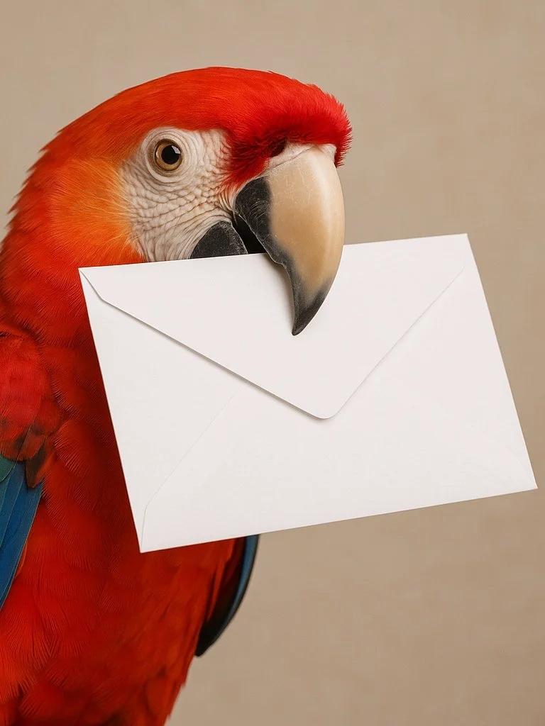Papagei mit rotem Gefieder hält einen weißen Briefumschlag im Schnabel.