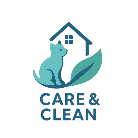 Illustration eines Hundes neben einem Haus und einem Blatt, mit dem Text "Care & Clean" darunter.