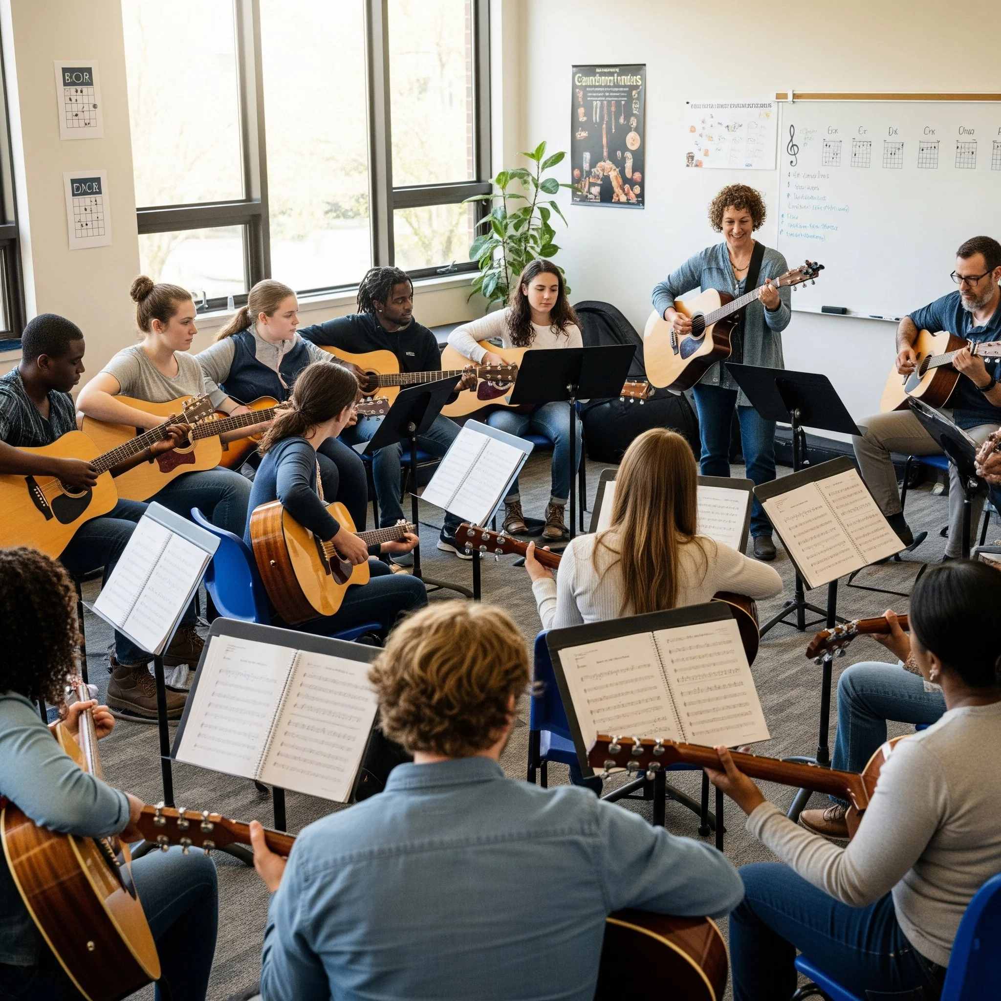 Group of students and a teacher in a classroom, all playing acoustic guitars, participating in a guitar class or lesson.