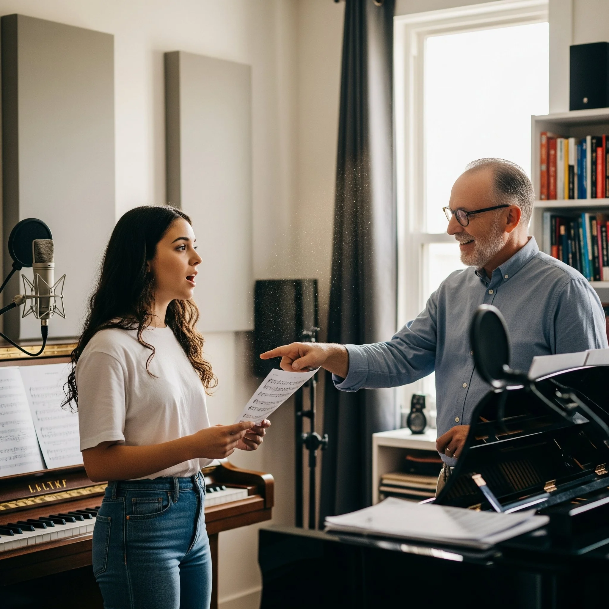 A young woman singing with a music sheet in her hand, a man with glasses pointing and smiling, in a music studio with a piano, microphone, and bookshelves.