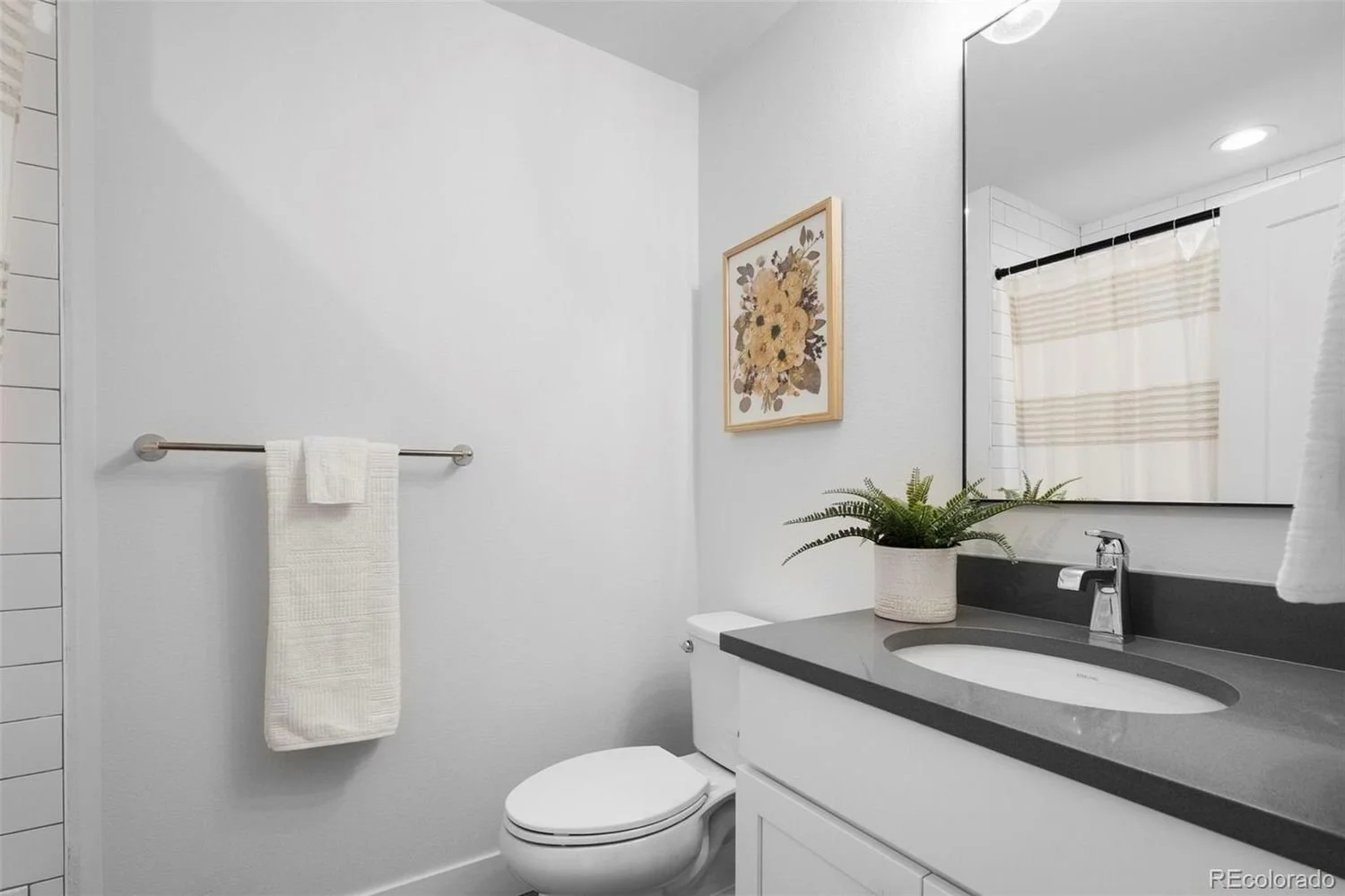 A clean, modern bathroom with white walls, a white toilet, a gray countertop with an oval sink, a large mirror, a potted fern, a framed floral artwork, and a towel hanging on a metal rod.