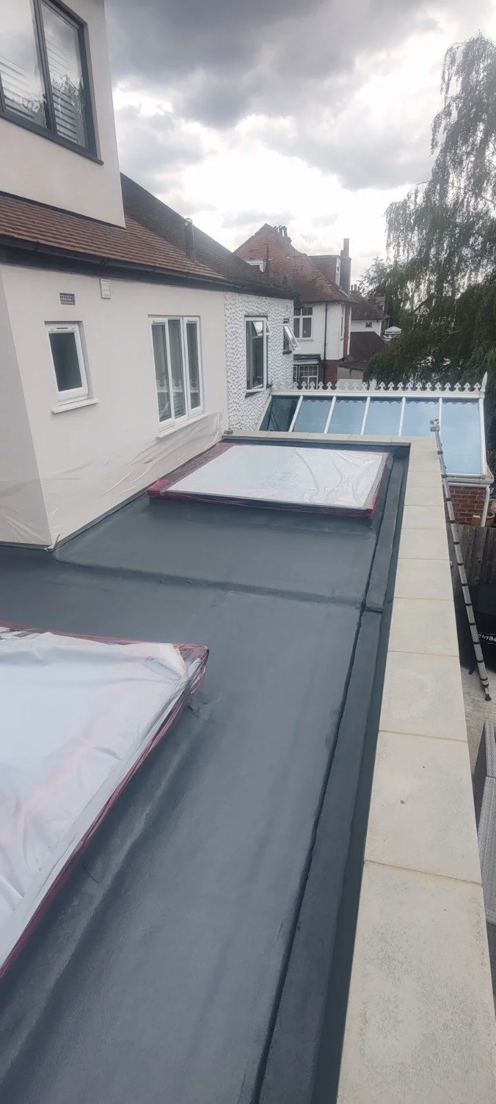 Rooftop with solar skylights under a cloudy sky.