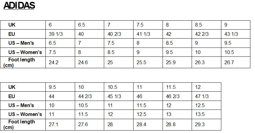 Size chart for Adidas shoes showing UK, EU, US men's and women's sizes, and corresponding foot lengths in centimeters.