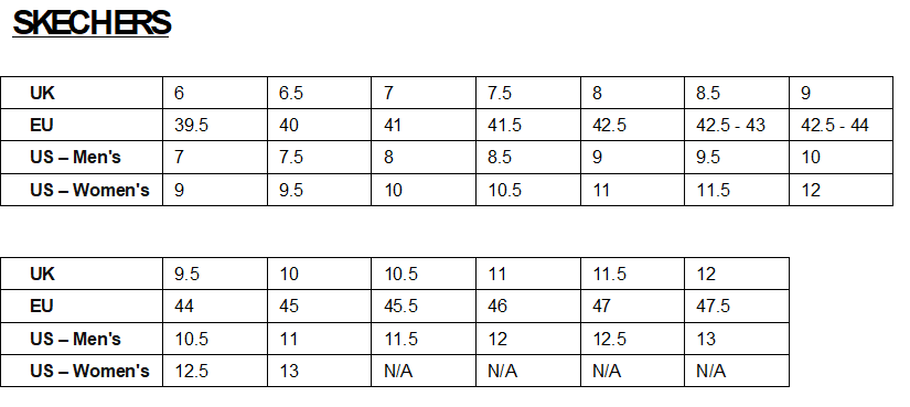 Skechers shoe size conversion chart with measurements for UK, EU, US men's, and US women's sizes.