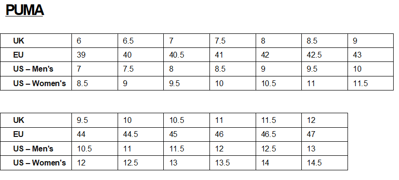 Size conversion chart for Puma shoes showing UK, EU, US men's, and US women's sizes across two sections.