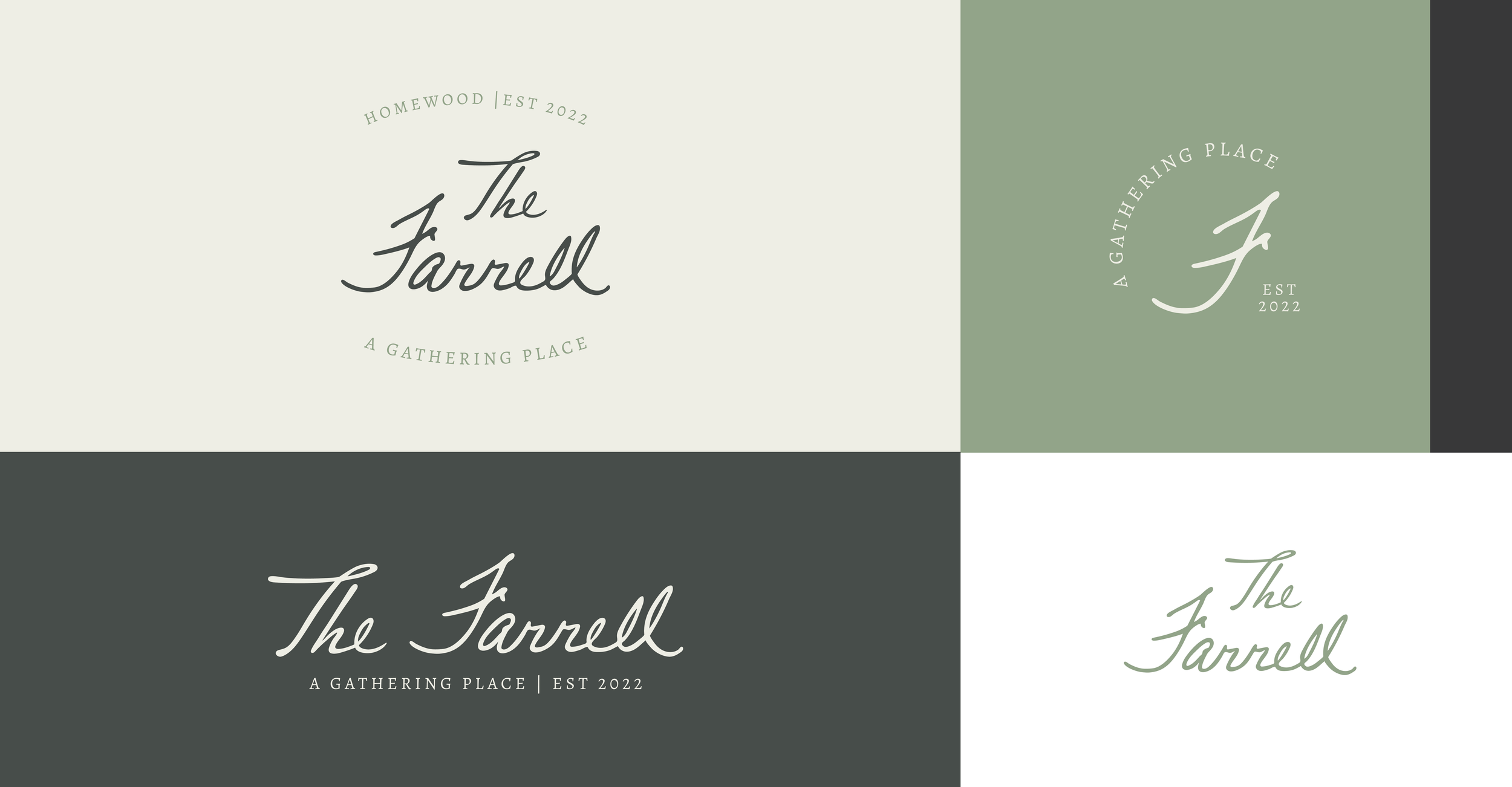 Three logo designs for 'The Farrell,' a gathering place established in 2022, featuring minimalist text and circular arrangements with the names and establishment year.