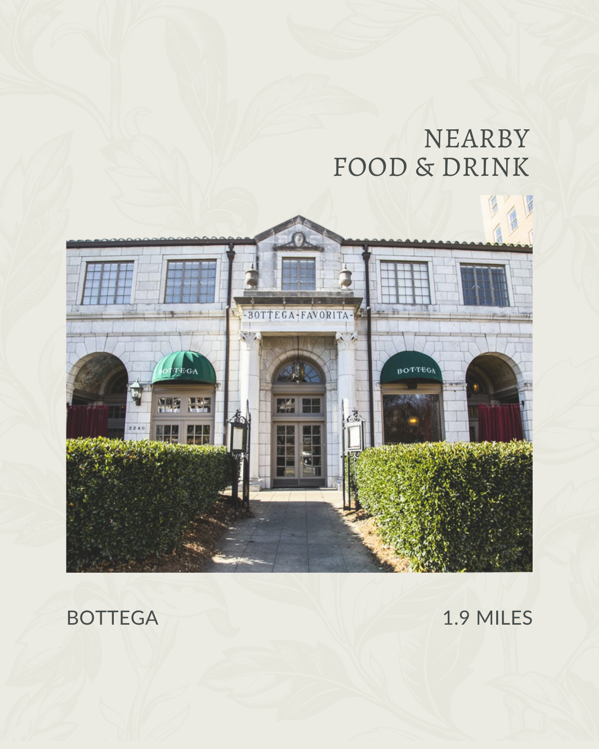 Photo of a historic building with arched windows and green awnings labeled Bottega, in a city setting.